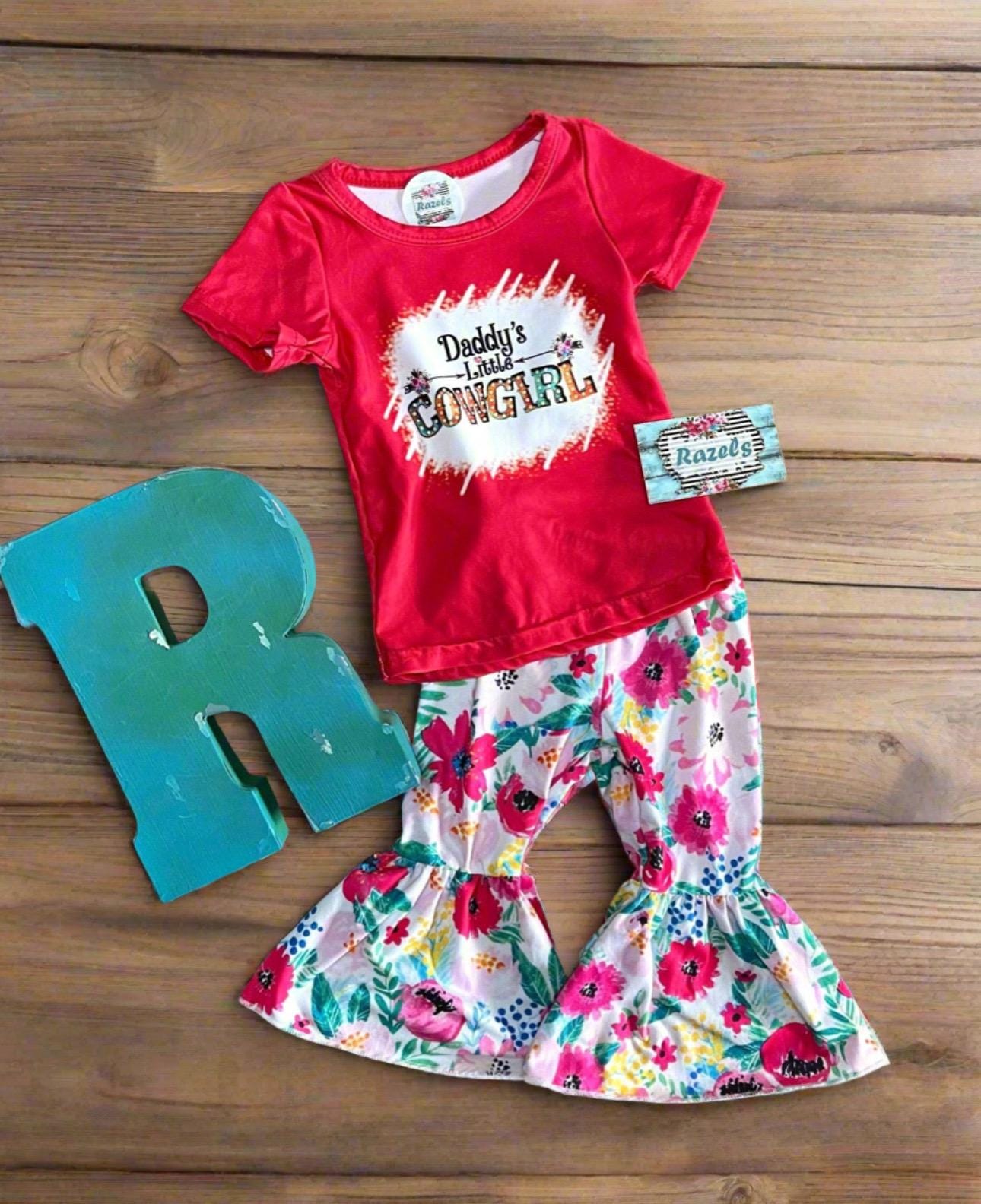 Daddy’s Little Cowgirl Bell Bottom Outfit | Girls Western T-Shirt & Flower Bell Bottom Pants Set