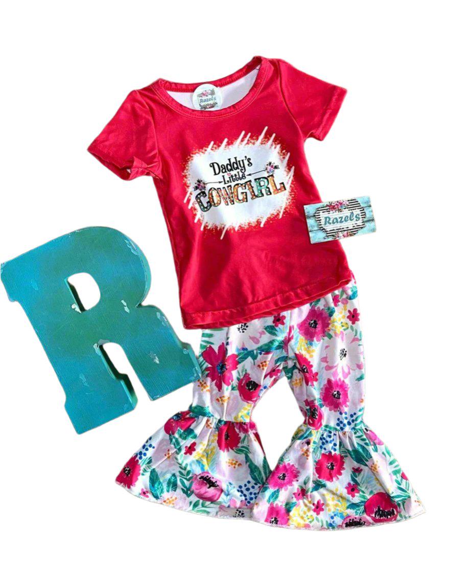 Daddy’s Little Cowgirl Bell Bottom Outfit | Girls Western T-Shirt & Flower Bell Bottom Pants Set