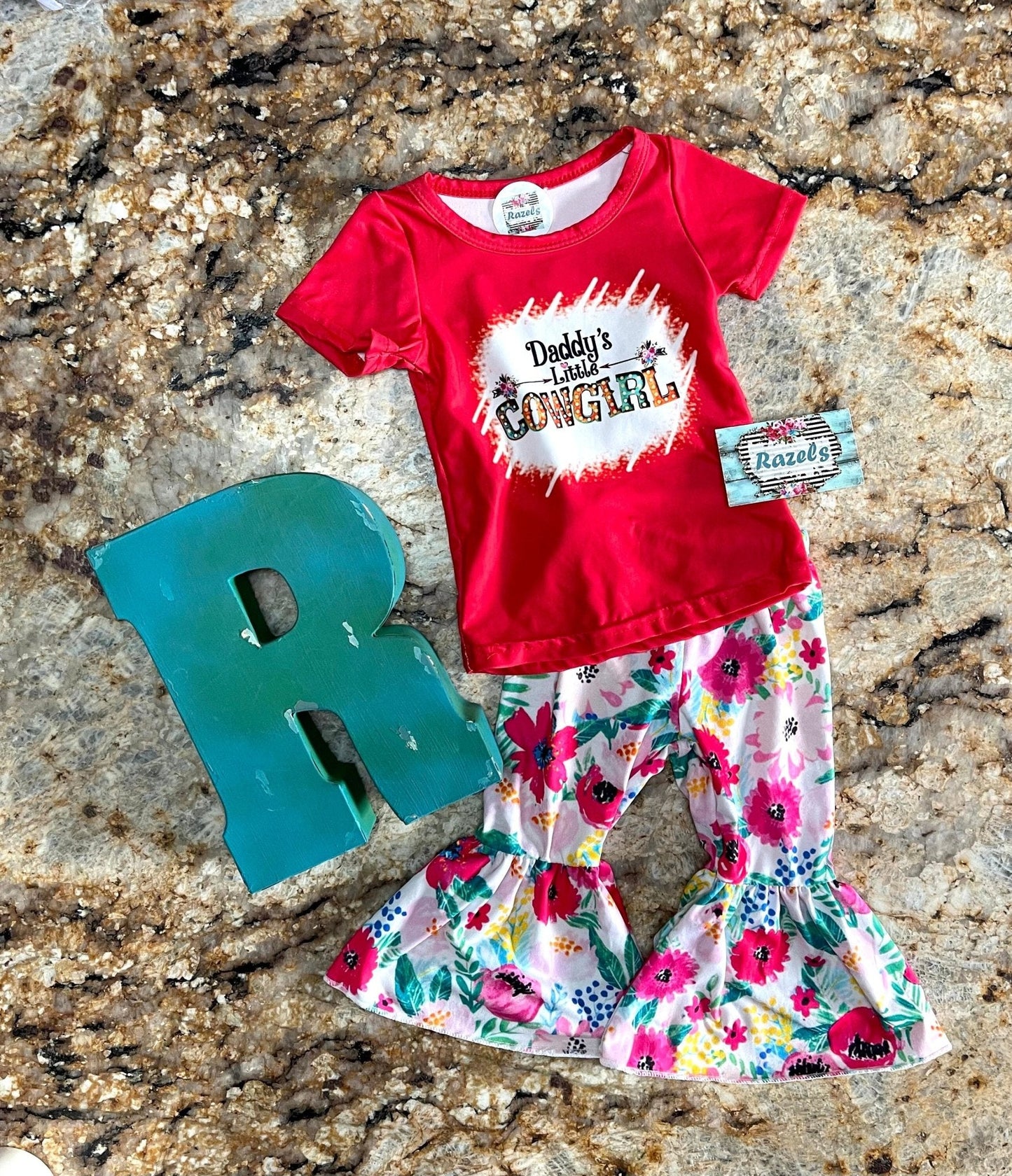 Daddy’s Little Cowgirl Bell Bottom Outfit | Girls Western T-Shirt & Flower Bell Bottom Pants Set