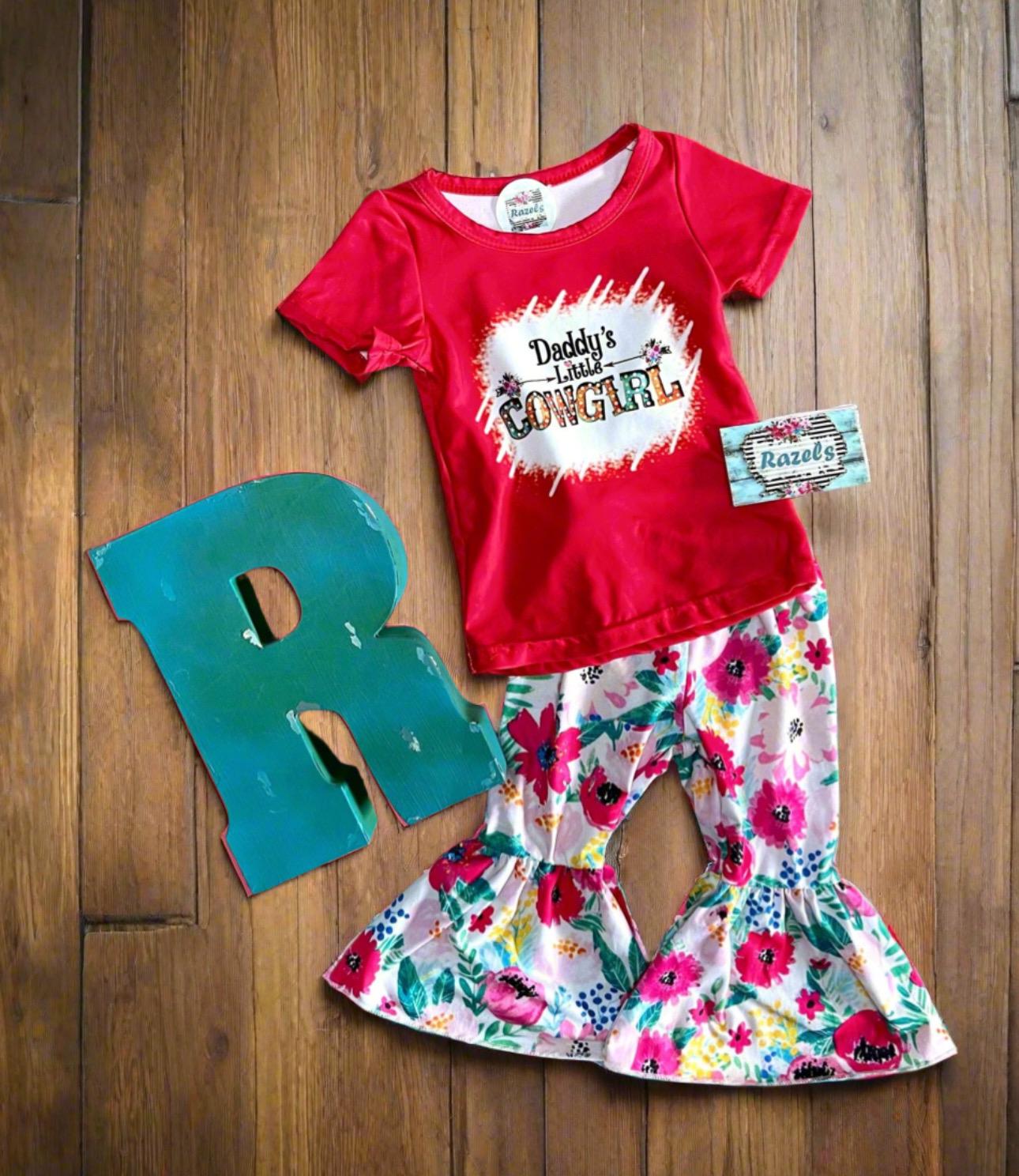Daddy’s Little Cowgirl Bell Bottom Outfit | Girls Western T-Shirt & Flower Bell Bottom Pants Set