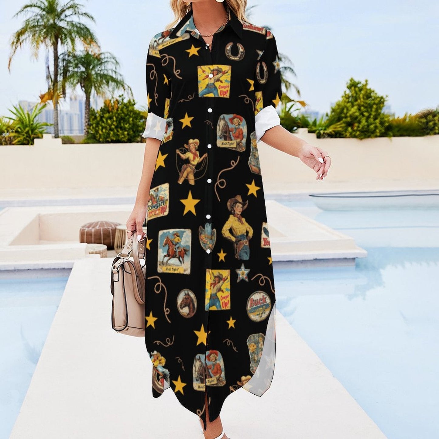 Vintage Cowgirl Collage Western Button-Up Long Sleeve Shirt Dress Duster