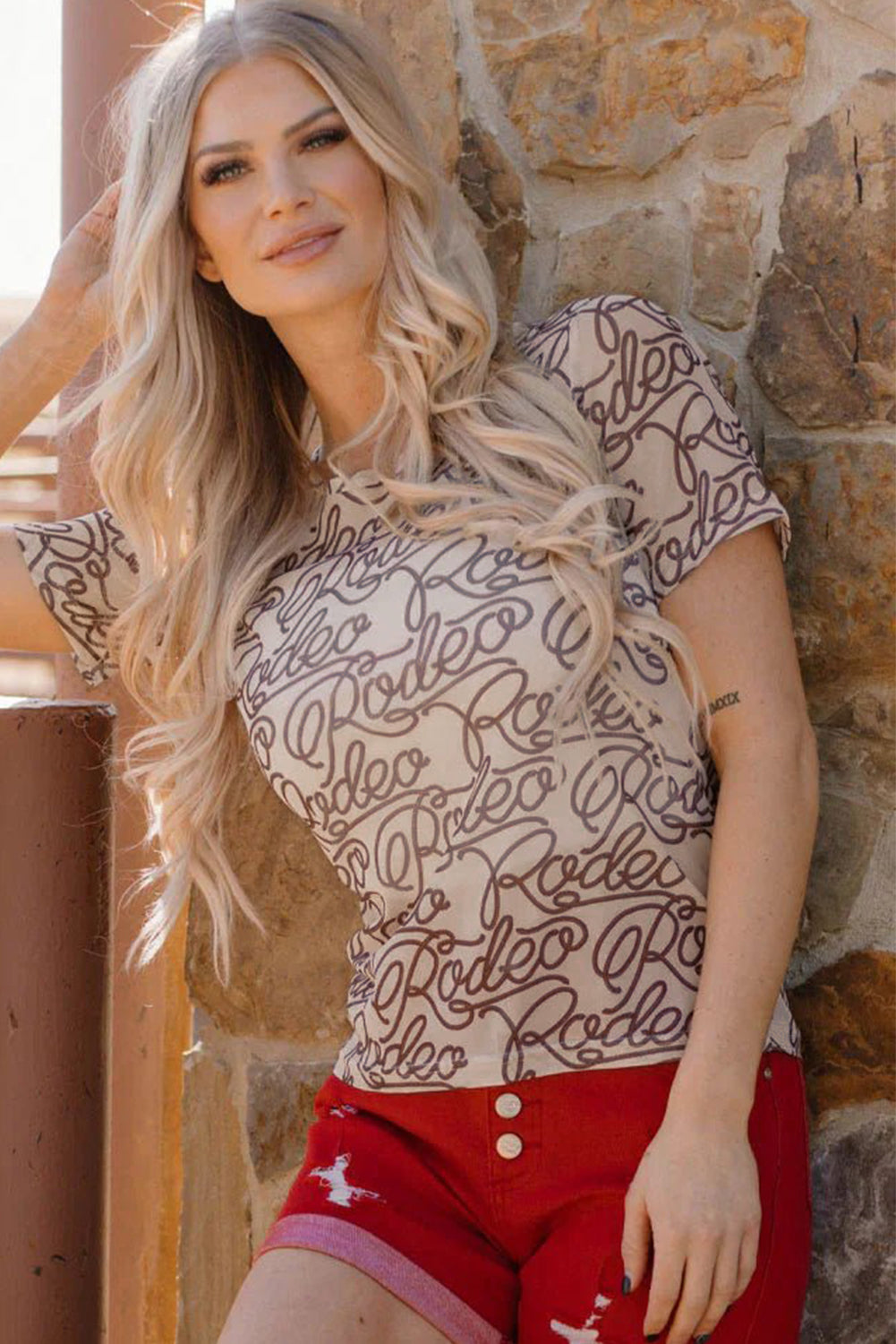 Brown Rodeo Print Round Neck Slim Fit Mesh T Shirt for Men