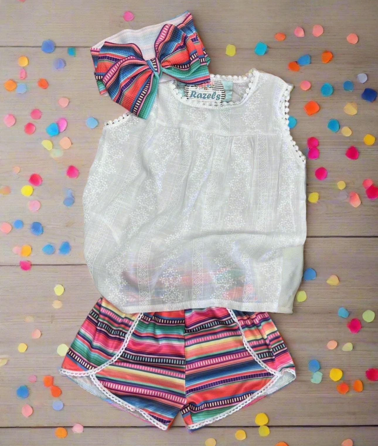 Girls Serape Summer Shorts β Pink Stripe Western Boutique Style β Lightweight & Lace Hem