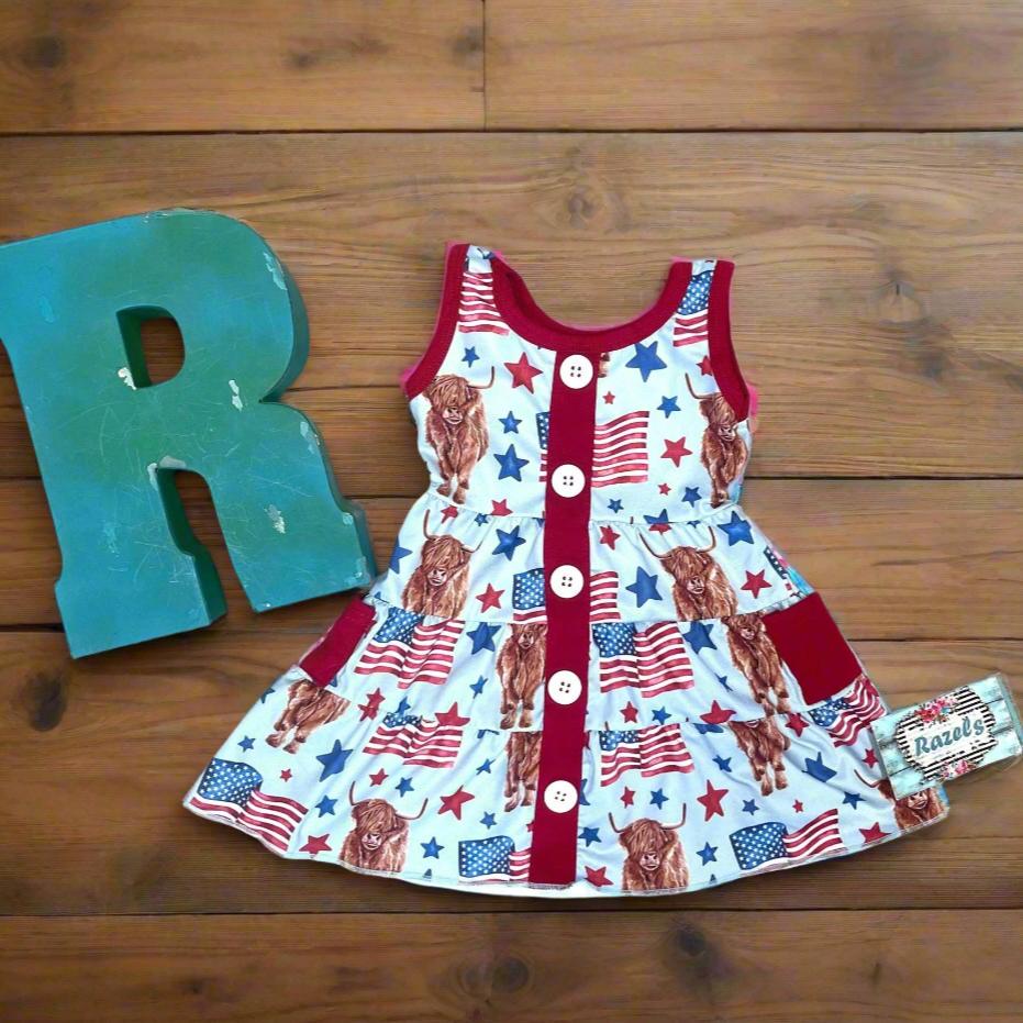 Highland Cow 4th of July Outfits for Kids β Dress, Button Down Shirt & Romper | Western Matching Sibling Set | Patriotic Cowboy ClothesOf July Kids
