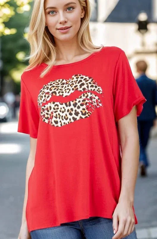 Heimish Full Size Leopard Lip Round Neck T-Shirt Plus Size