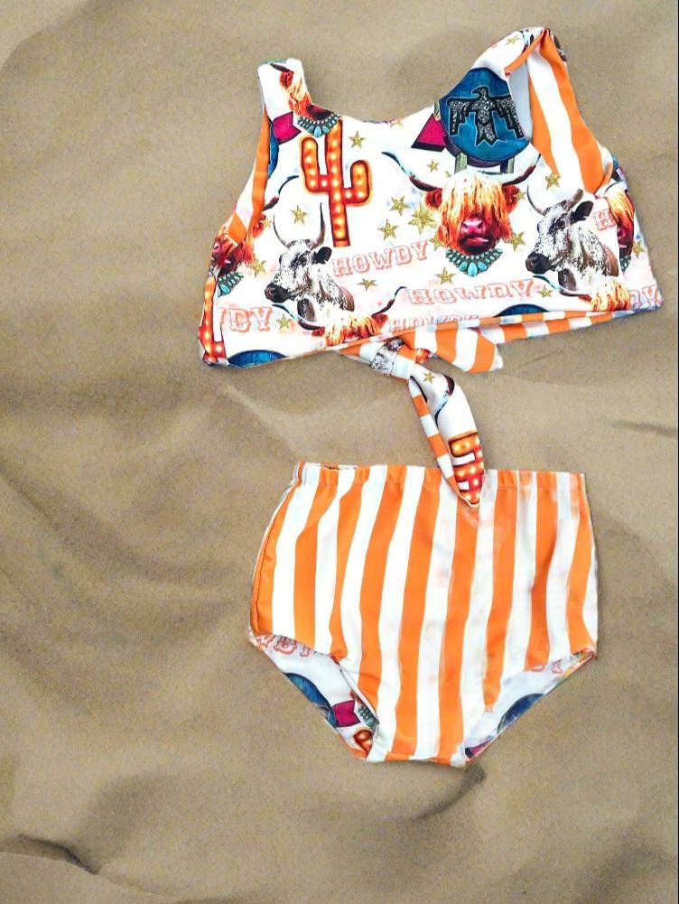 Highland Cow HIGH WAISTED REVERSIBLE Swimsuit, Cow Girl Swimming Suit