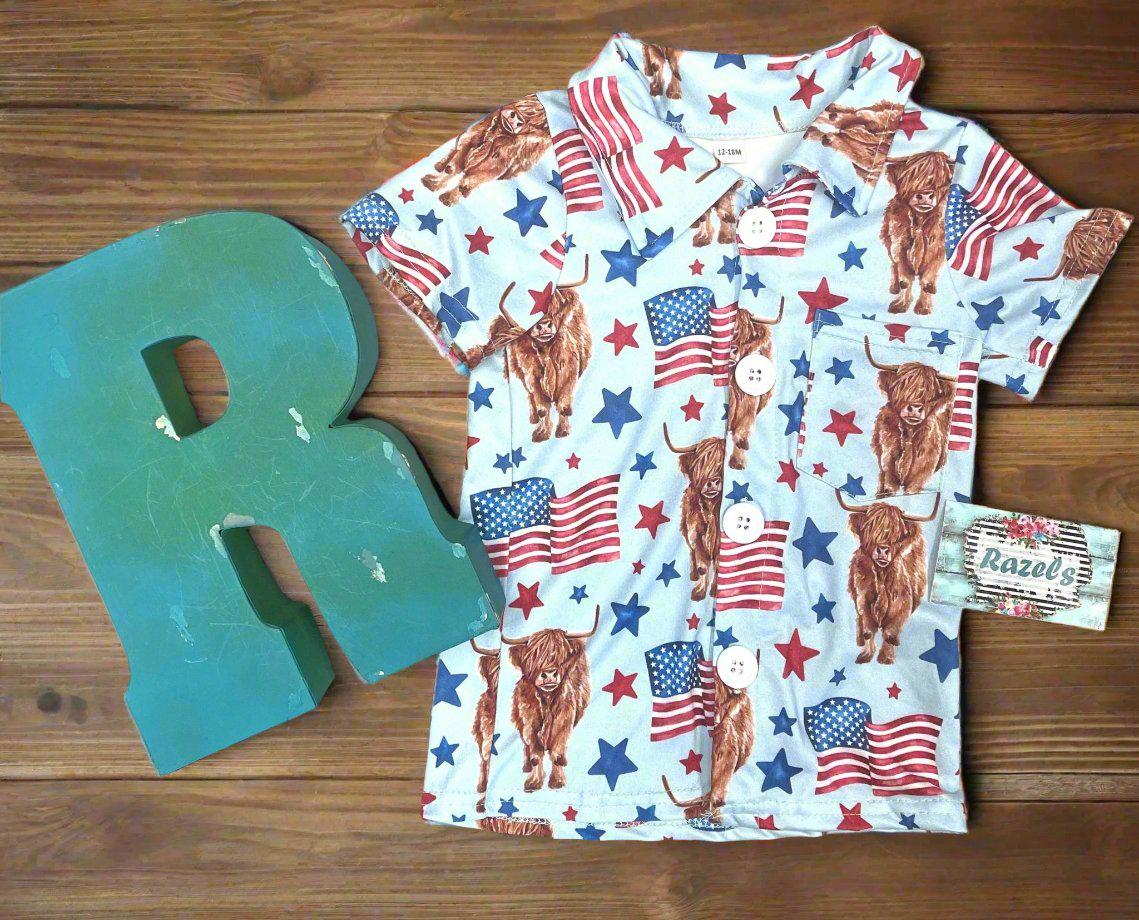 Highland Cow 4th of July Outfits for Kids β Dress, Button Down Shirt & Romper | Western Matching Sibling Set | Patriotic Cowboy ClothesOf July Kids
