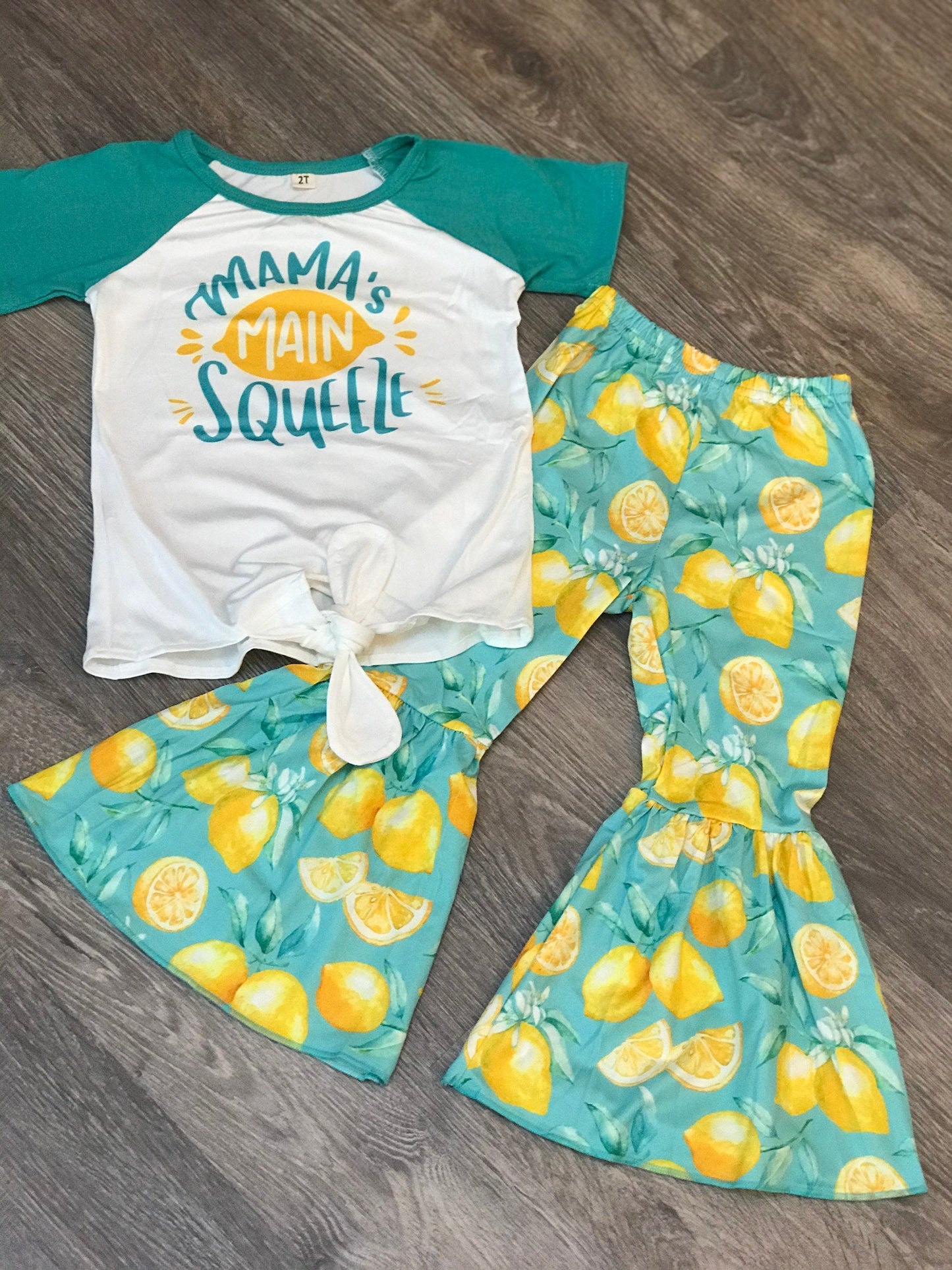 Mama's Main Squeeze BELL BOTTOM OUTFIT, Lemon Flare Pants & Mama T-Shirt,