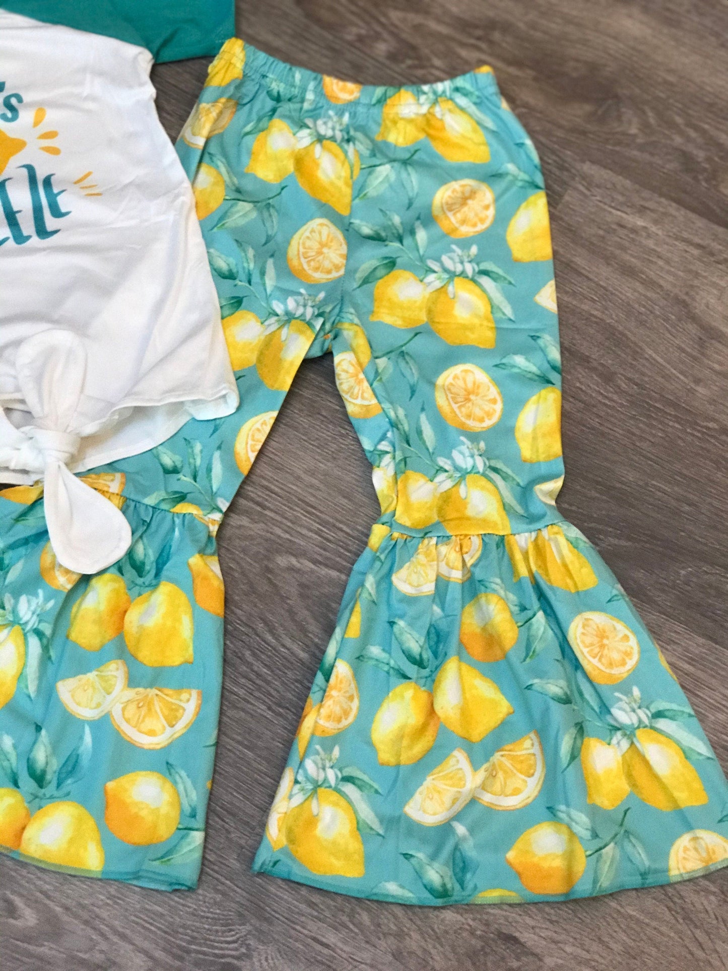Mama's Main Squeeze BELL BOTTOM OUTFIT, Lemon Flare Pants & Mama T-Shirt,