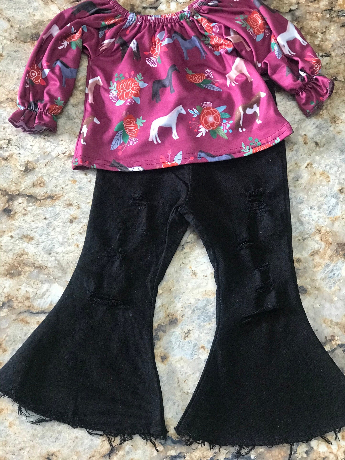 Girls' Horse Shirt & Black Bell Bottom Jeans Outfit, Horse Blouse