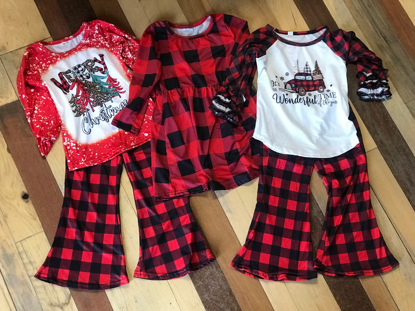 Girls Christmas Outfit, Buffalo Plaid Bell Bottom Pants