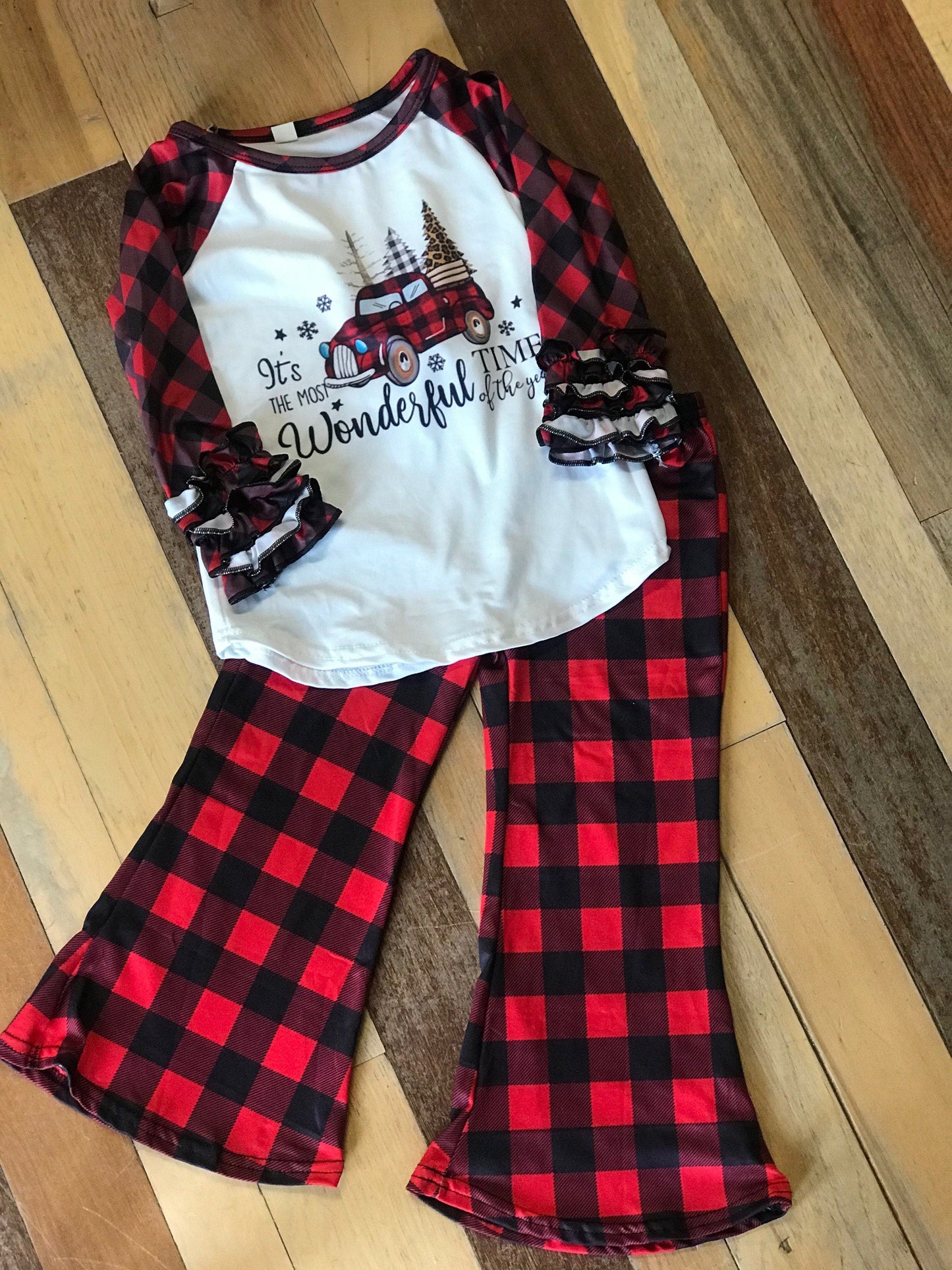 Girls Christmas Outfit, Buffalo Plaid Bell Bottom Pants