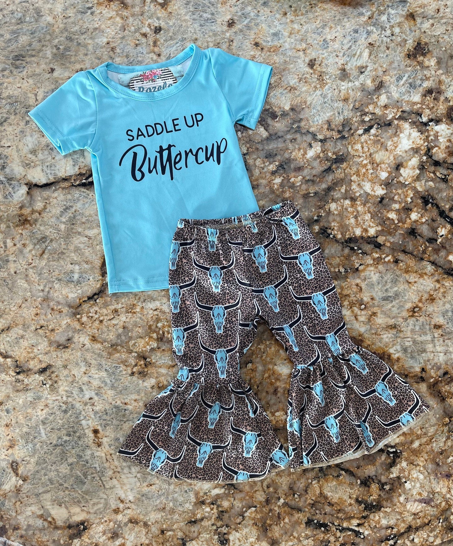Saddle Up Buttercup Bell Bottom Outfit Sizes: 8/9, 10/12, 14/16, Cowgirl Bell Bottom, Turquoise T-Shirt &; Cow Skull Cheetah Print Flares,