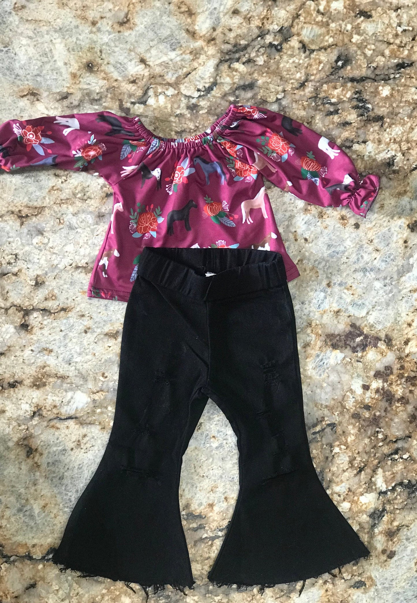 Girls' Horse Shirt & Black Bell Bottom Jeans Outfit, Horse Blouse