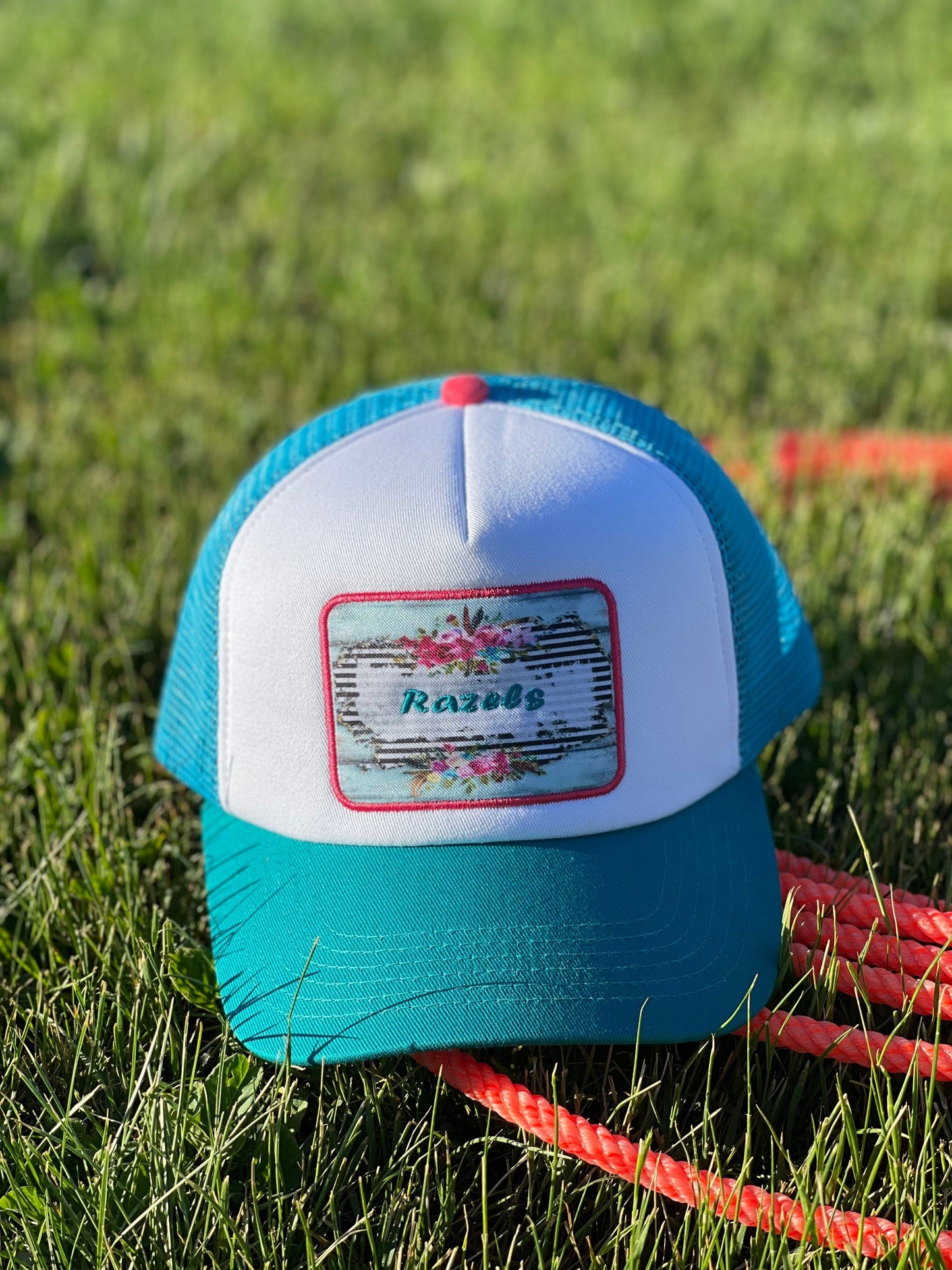RAZELS LOGO CAP | Retro Trucker Cap with Turquoise Patch | 5 Panel Baseball Hat for Trendy Outdoor Style