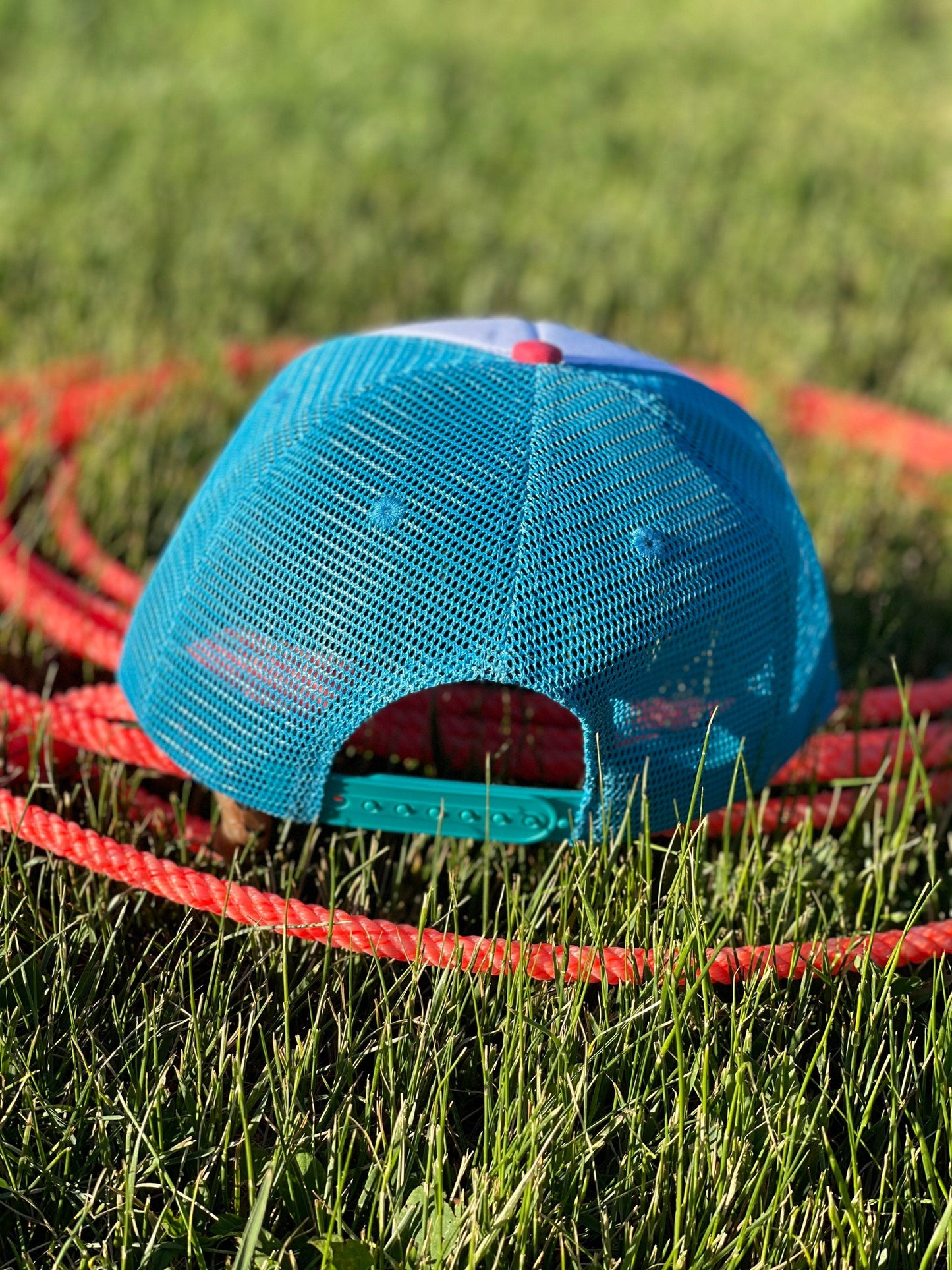 RAZELS LOGO CAP | Retro Trucker Cap with Turquoise Patch | 5 Panel Baseball Hat for Trendy Outdoor Style