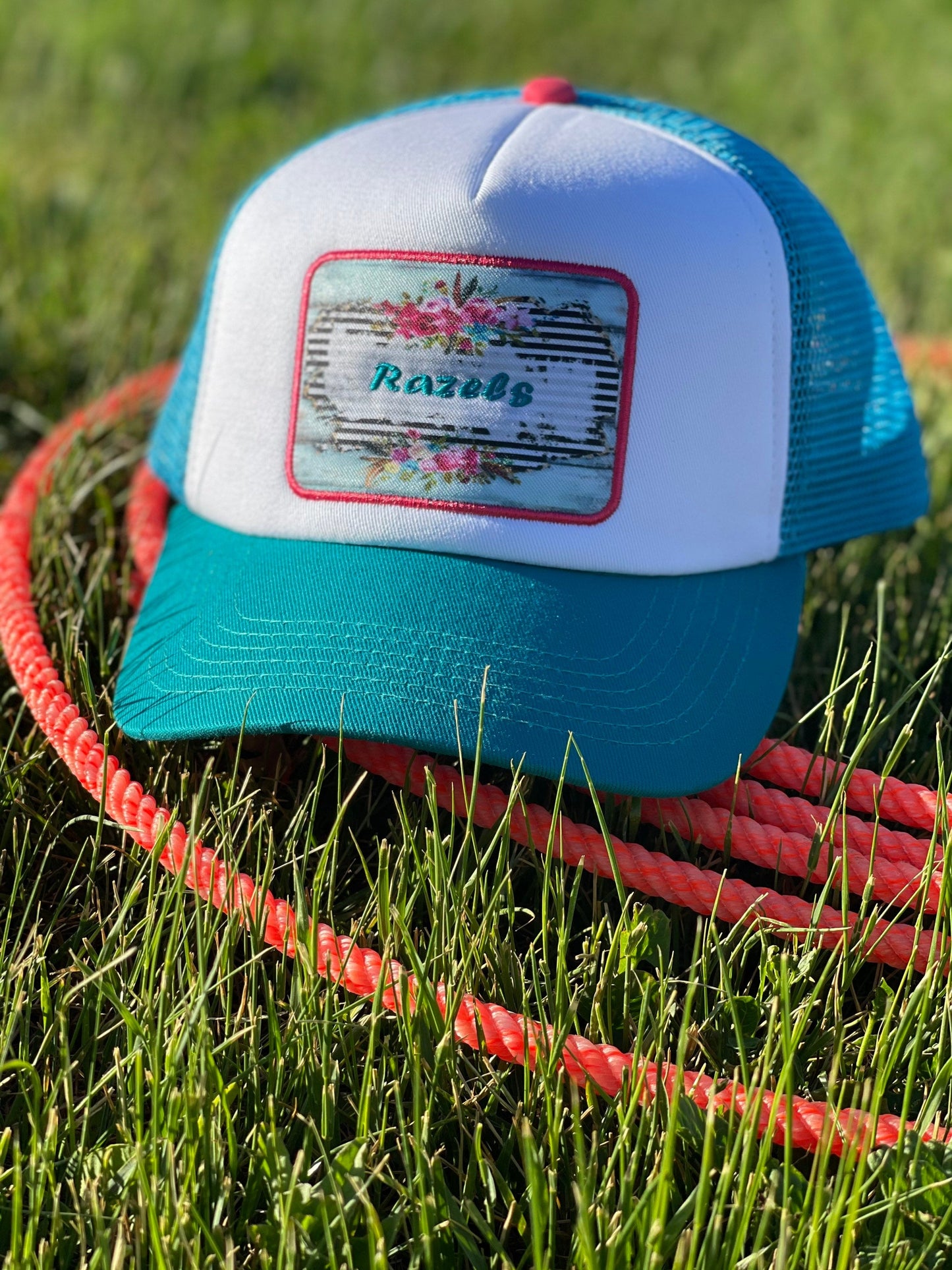 RAZELS LOGO CAP | Retro Trucker Cap with Turquoise Patch | 5 Panel Baseball Hat for Trendy Outdoor Style
