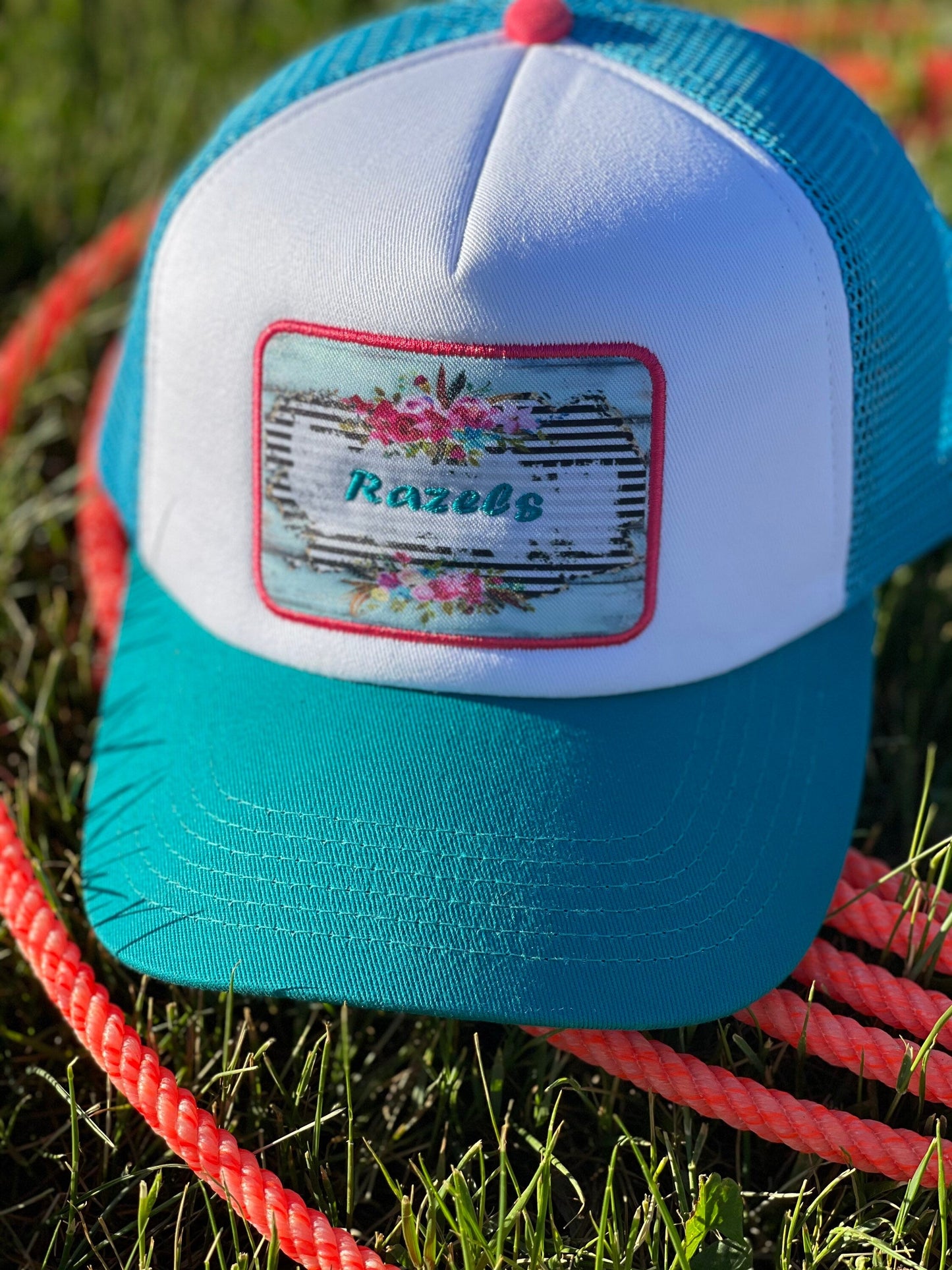 RAZELS LOGO CAP | Retro Trucker Cap with Turquoise Patch | 5 Panel Baseball Hat for Trendy Outdoor Style
