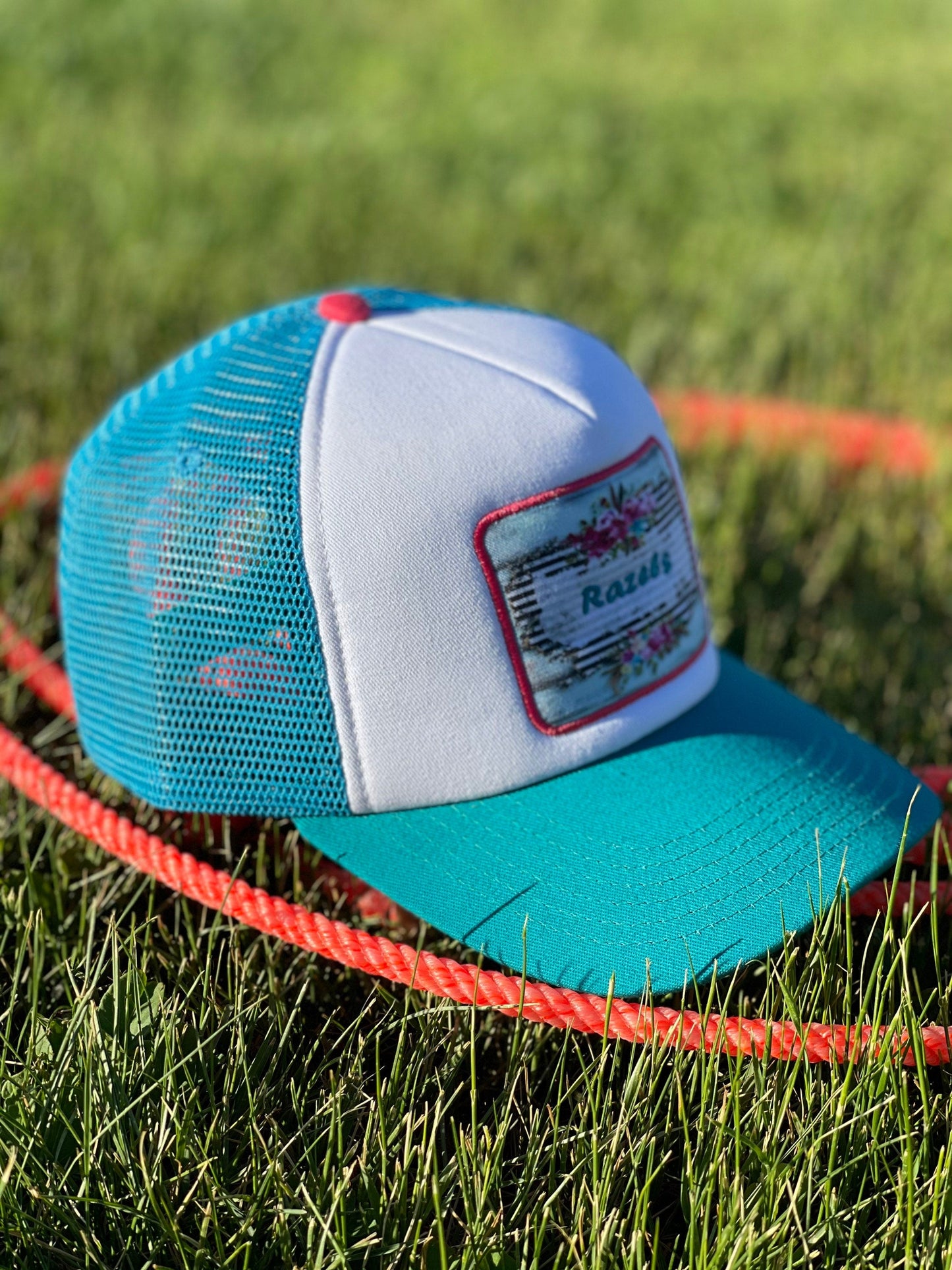 RAZELS LOGO CAP | Retro Trucker Cap with Turquoise Patch | 5 Panel Baseball Hat for Trendy Outdoor Style