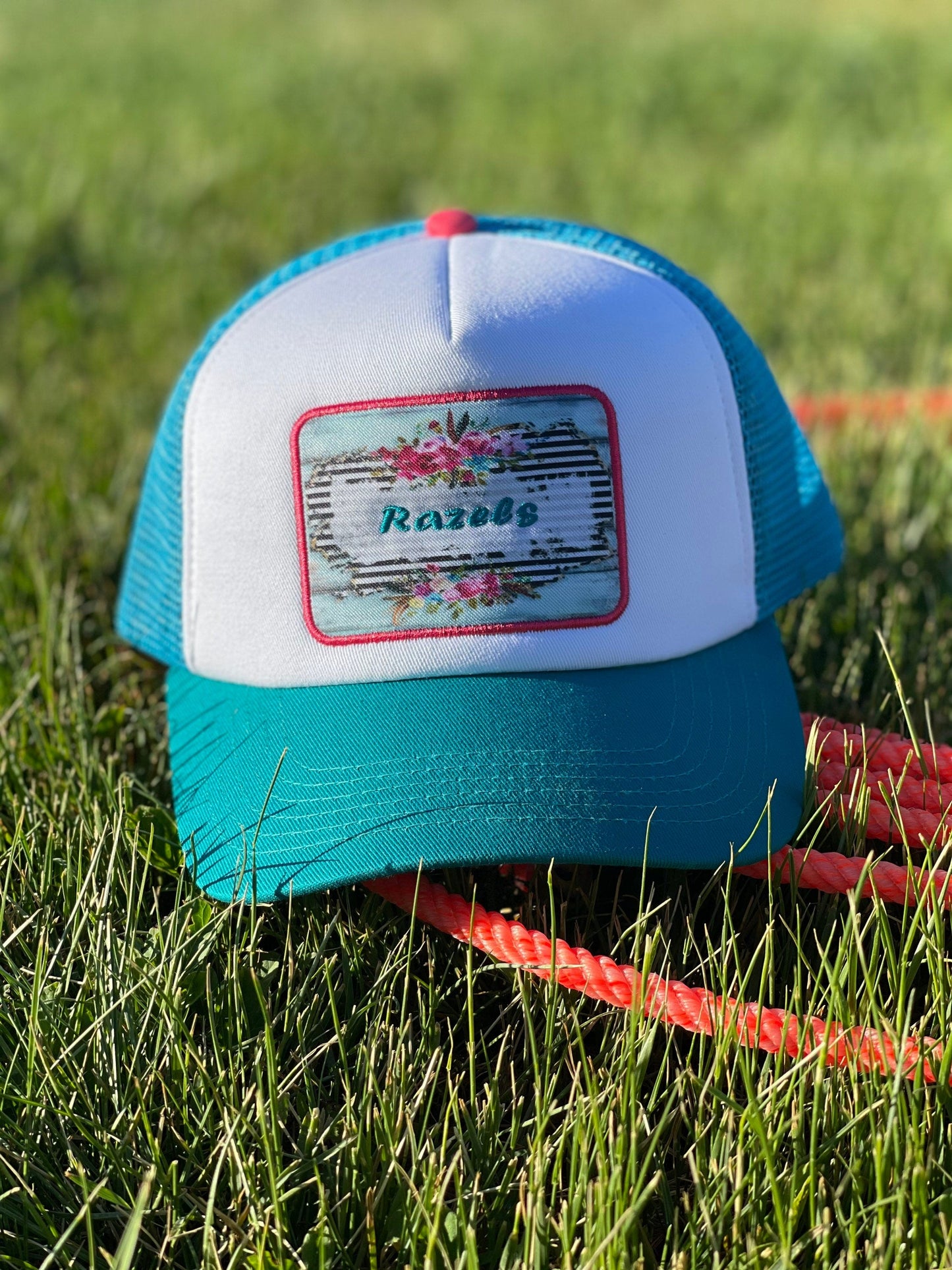 RAZELS LOGO CAP | Retro Trucker Cap with Turquoise Patch | 5 Panel Baseball Hat for Trendy Outdoor Style