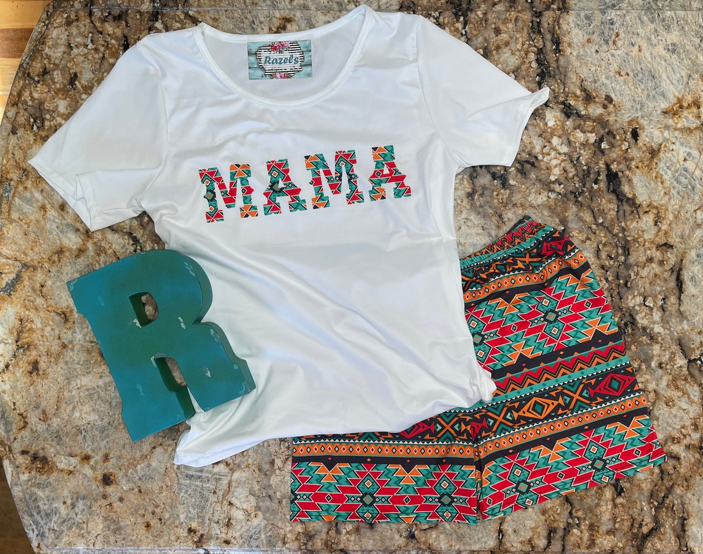 COWGIRL MAMA Short Set – Western Mama Loungewear with Aztec Biker Shorts and MAMA T-ShirT