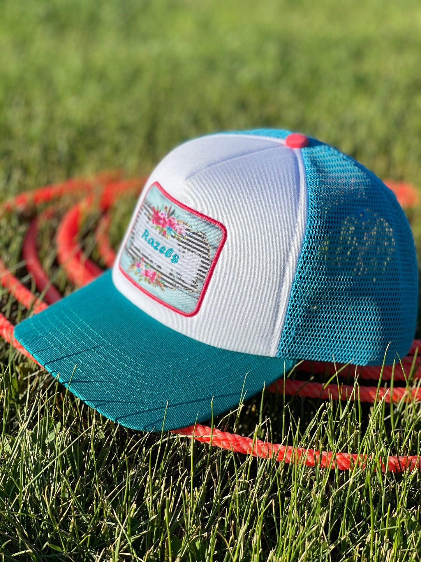 RAZELS LOGO CAP | Retro Trucker Cap with Turquoise Patch | 5 Panel Baseball Hat for Trendy Outdoor Style