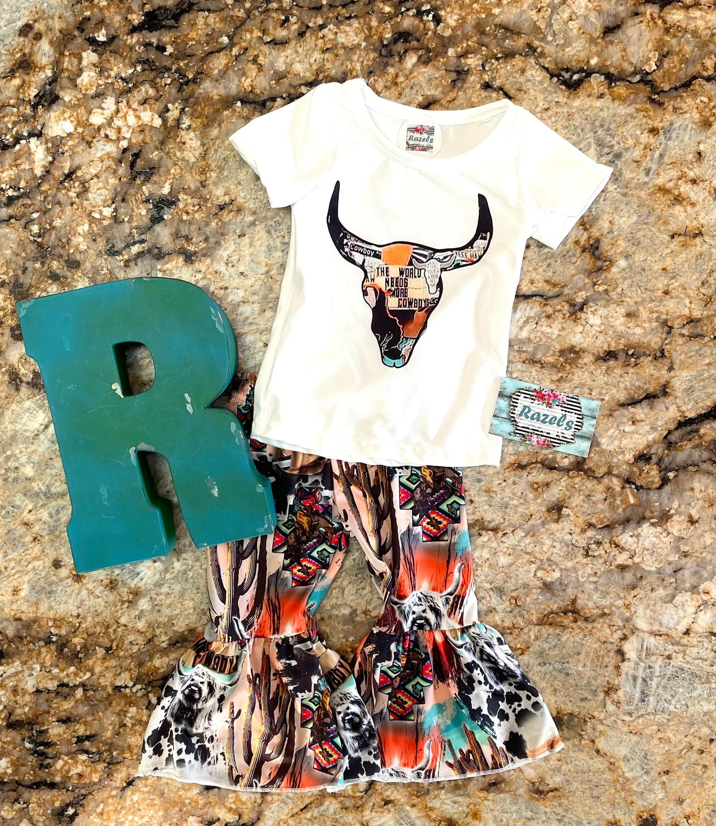 World Needs More Cowboys Outfit, Cowgirl Bell Bottom Pants and Steer Skull Shirt