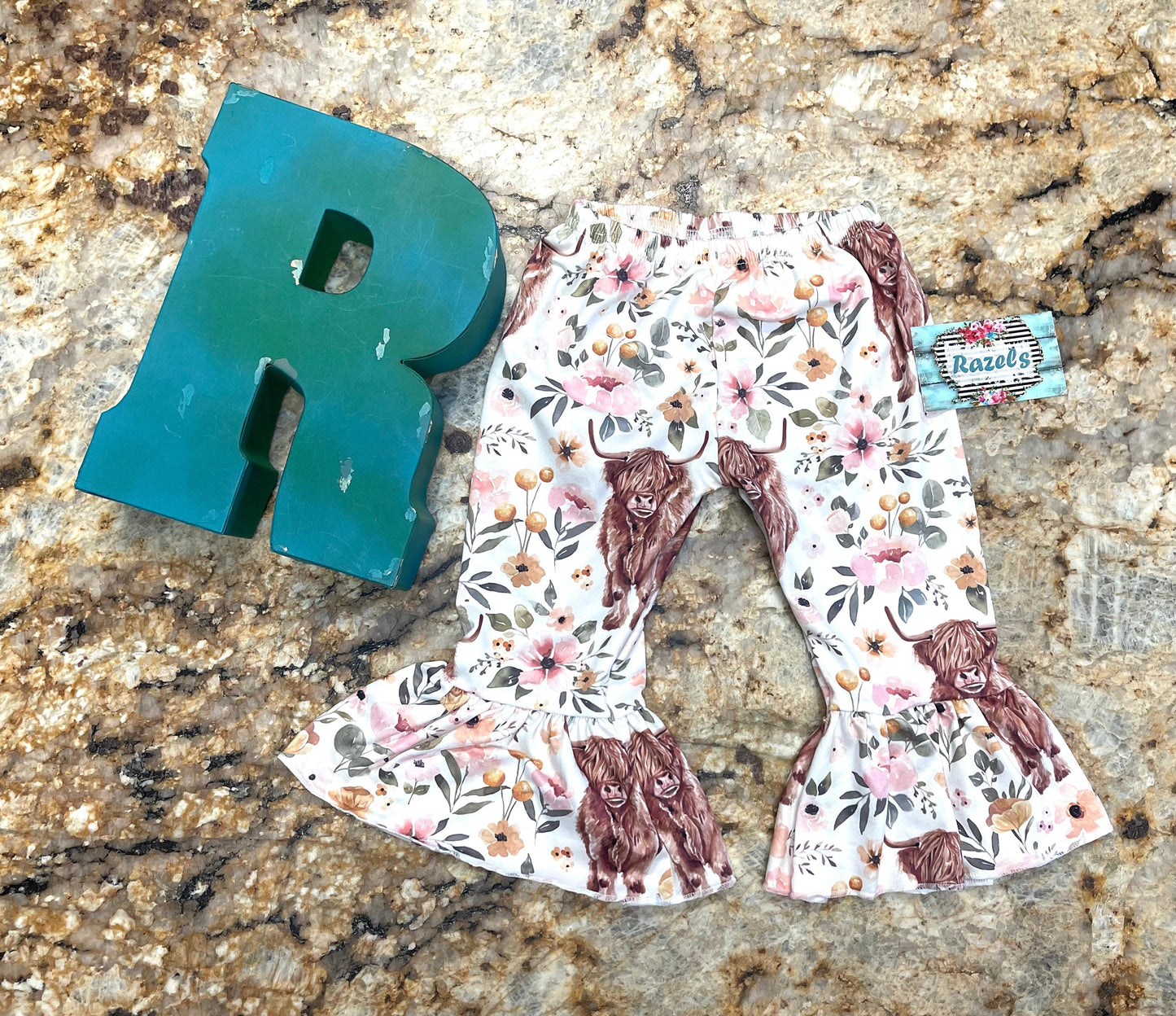 Highland Cow Floral Bell Bottoms, COW PANTS