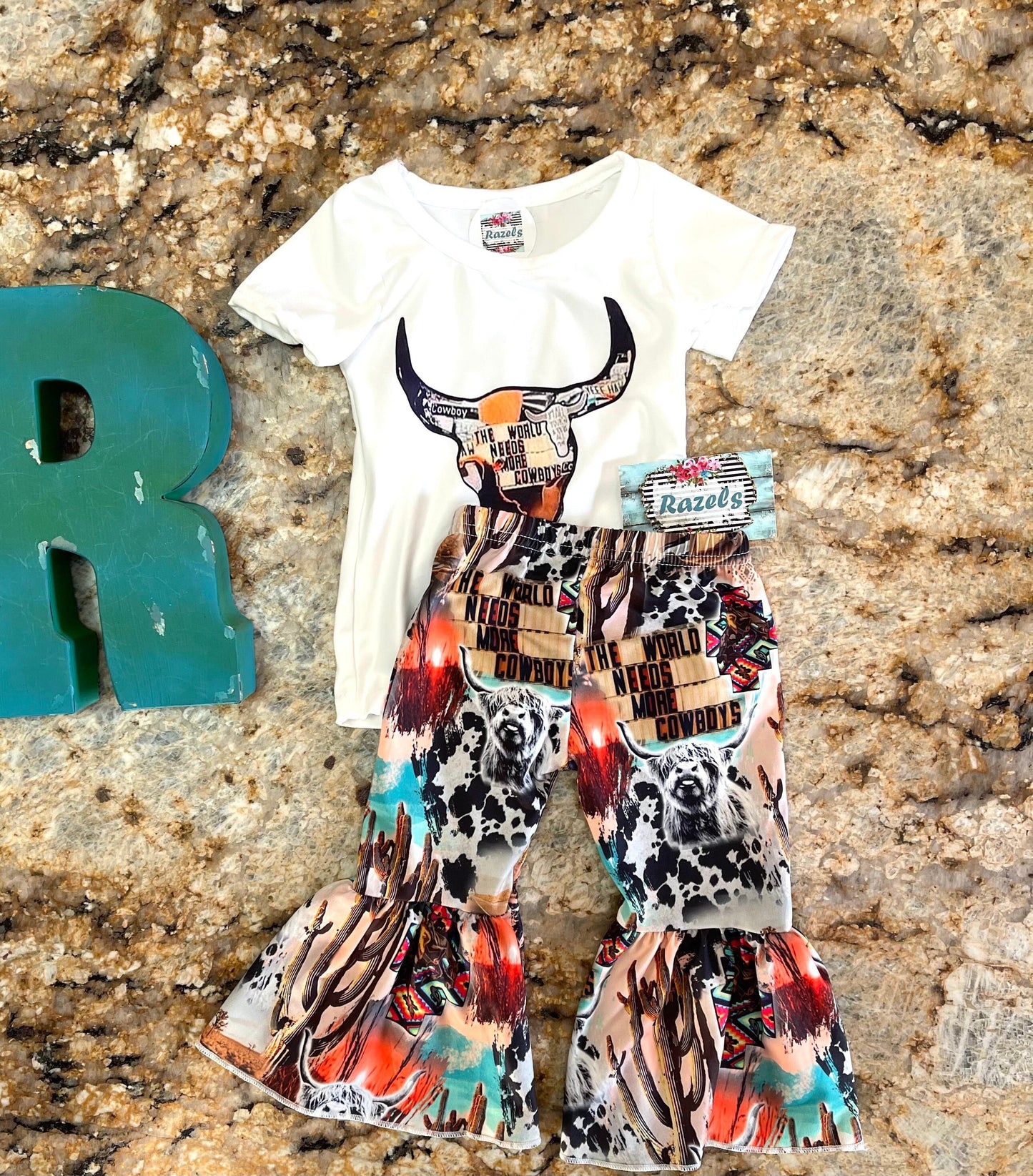 World Needs More Cowboys Outfit, Cowgirl Bell Bottom Pants and Steer Skull Shirt