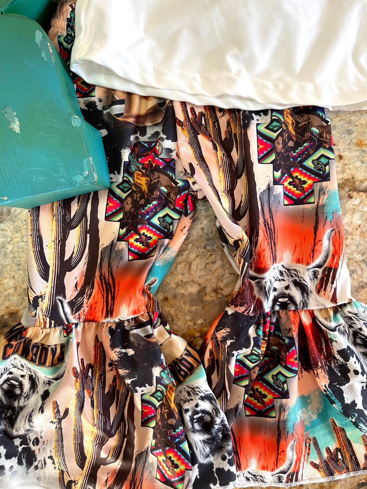 World Needs More Cowboys Outfit, Cowgirl Bell Bottom Pants and Steer Skull Shirt