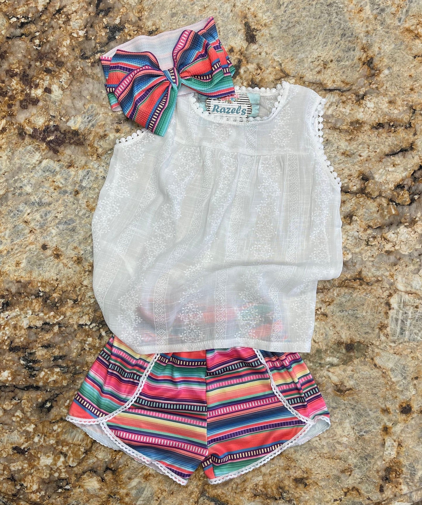 Girls Serape Summer Shorts β Pink Stripe Western Boutique Style β Lightweight & Lace Hem