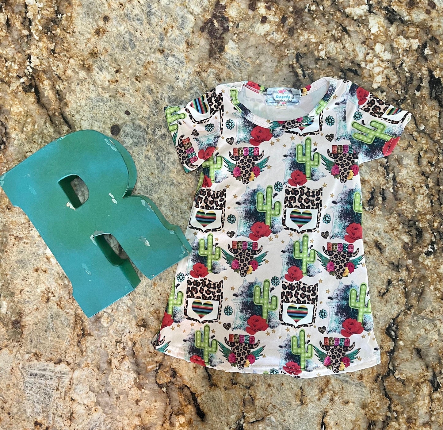 Cowgirl Dress for Kids Toddler & Baby - Rodeo T-Shirt Dress with Cheetah Skull, Cactus and Back Number Design