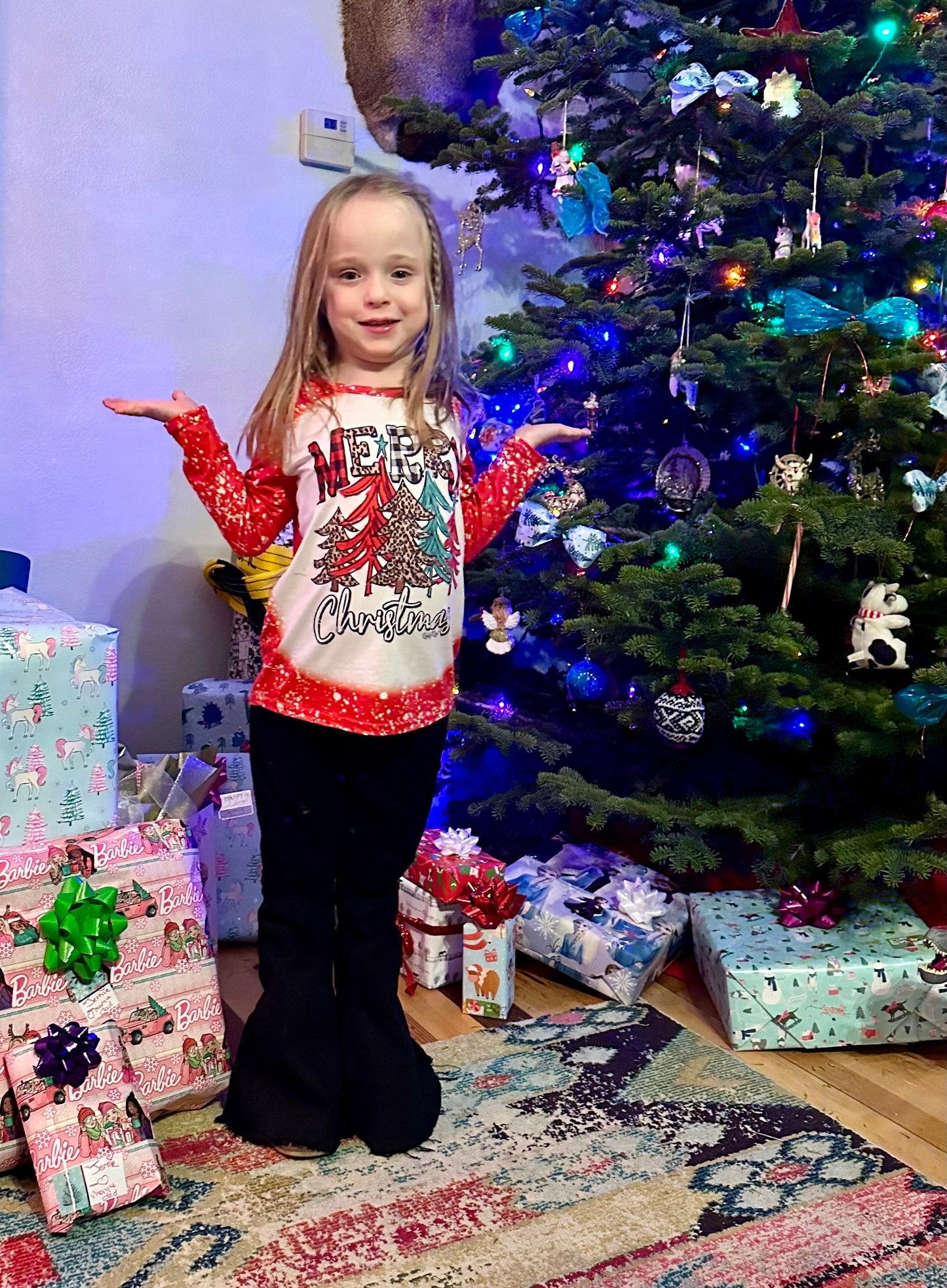 Girls Christmas Outfit, Buffalo Plaid Bell Bottom Pants