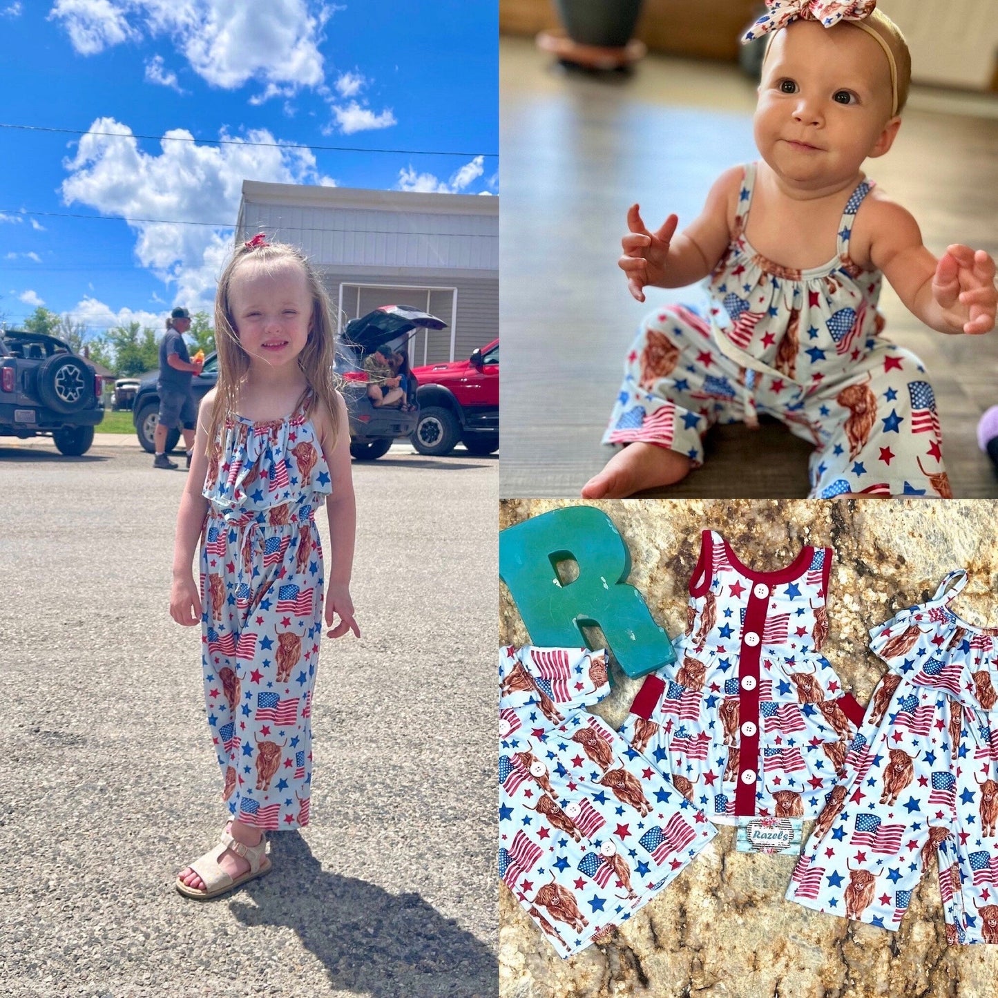 Highland Cow 4th of July Outfits for Kids β Dress, Button Down Shirt & Romper | Western Matching Sibling Set | Patriotic Cowboy ClothesOf July Kids