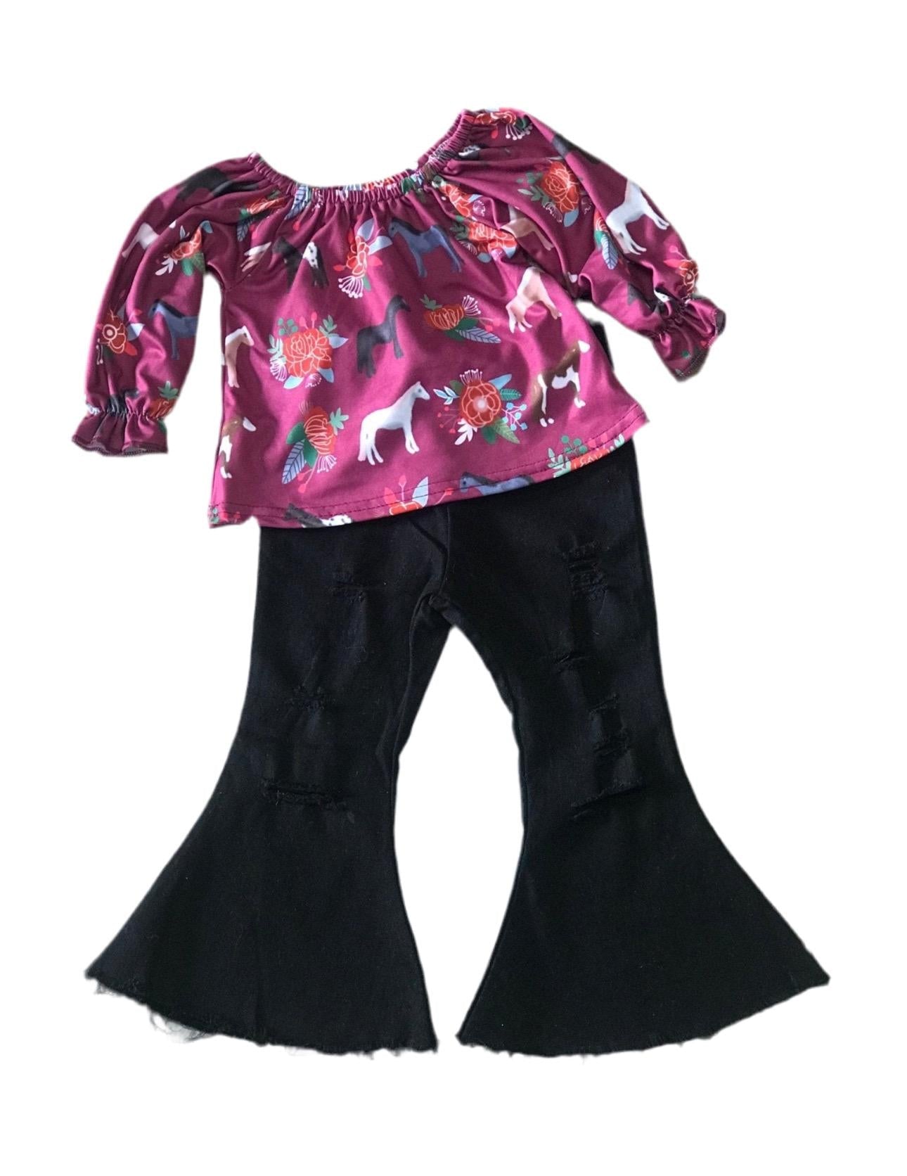 Girls' Horse Shirt & Black Bell Bottom Jeans Outfit, Horse Blouse