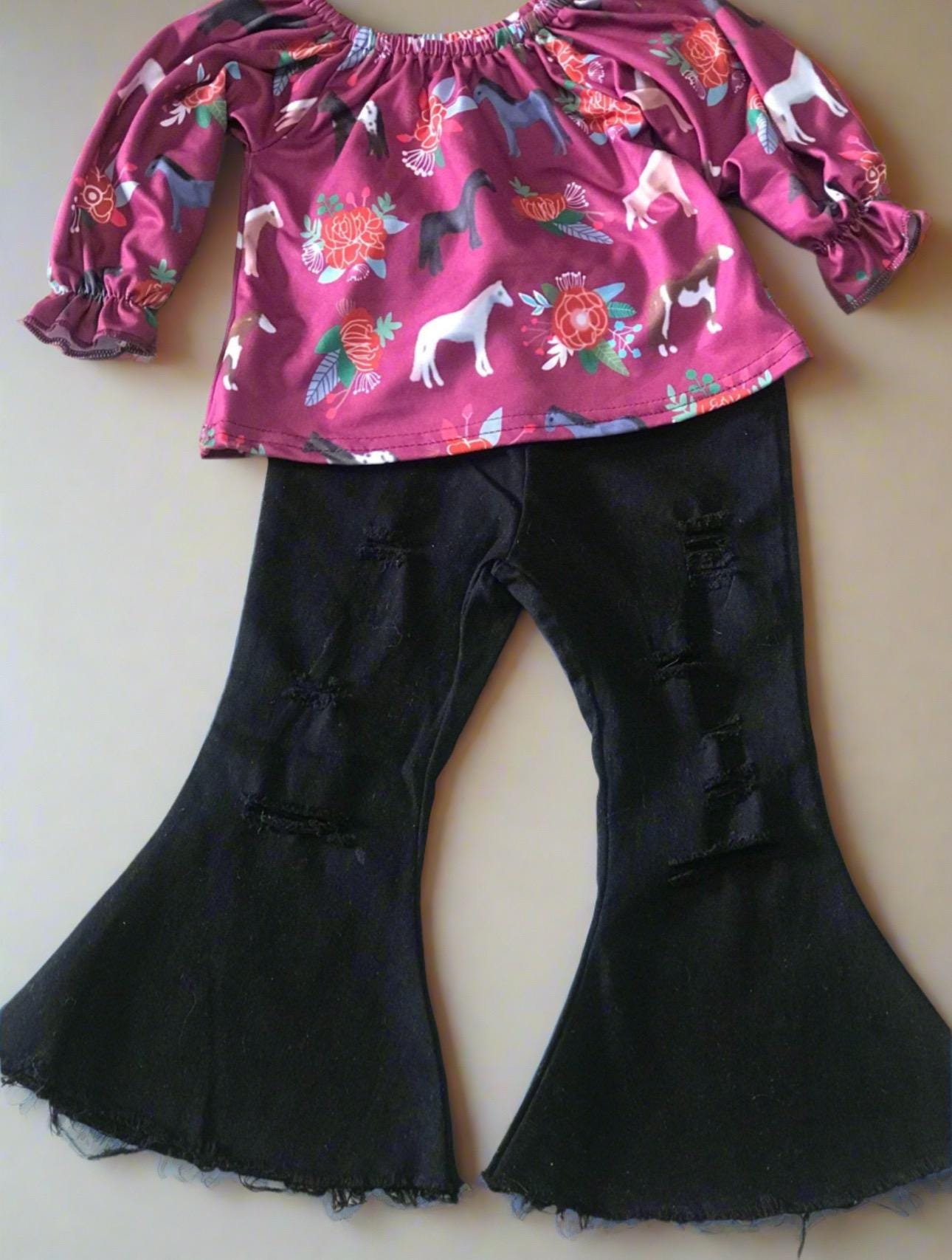 Girls' Horse Shirt & Black Bell Bottom Jeans Outfit, Horse Blouse