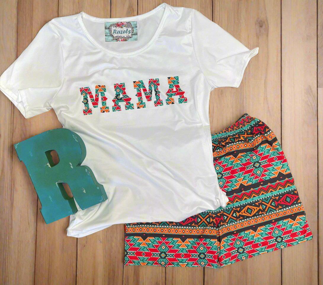 COWGIRL MAMA Short Set – Western Mama Loungewear with Aztec Biker Shorts and MAMA T-ShirT
