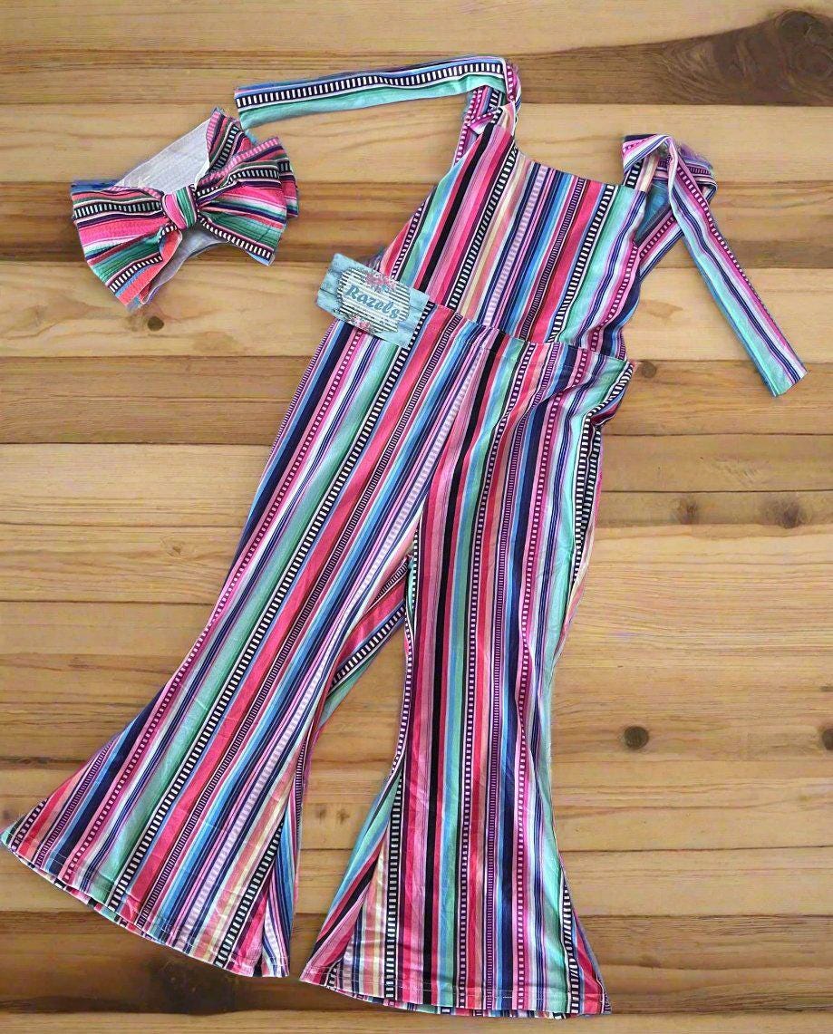 Toddler Girls Serape, Denim Jumpsuit - Serape Stripe Overalls