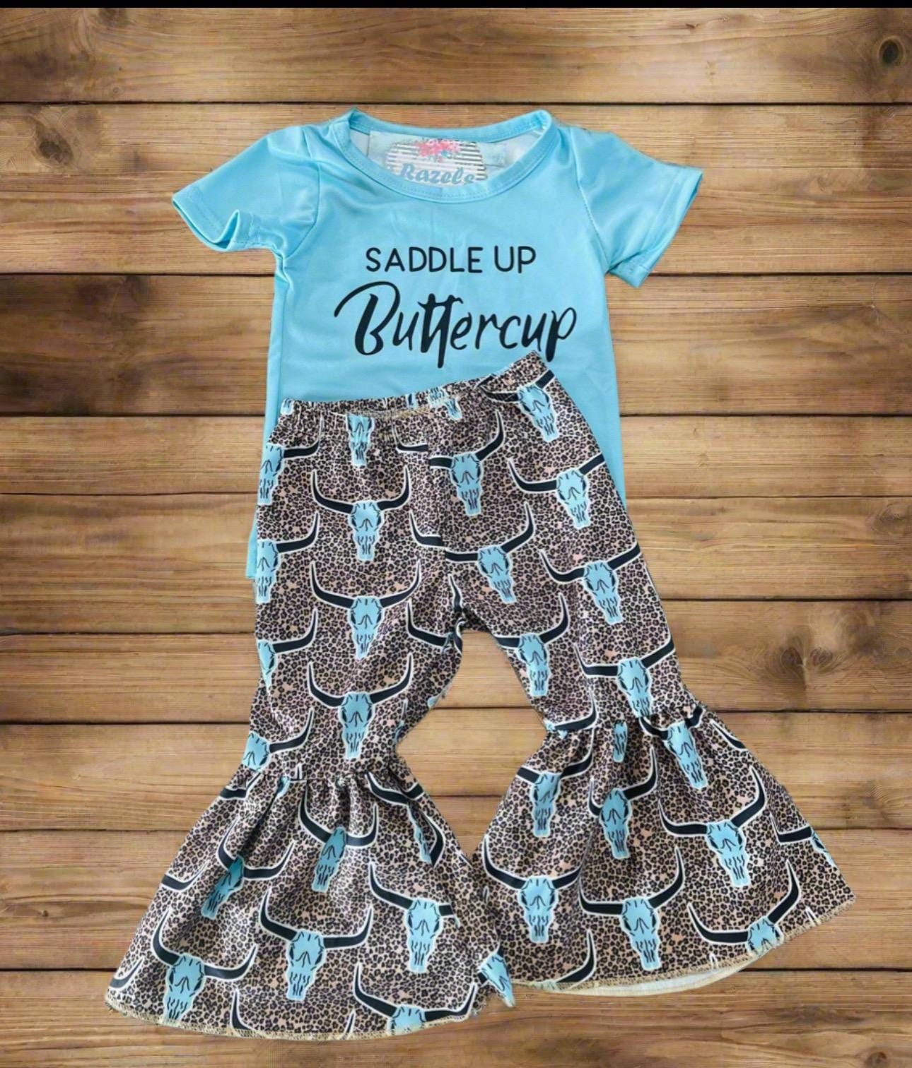 Saddle Up Buttercup Bell Bottom Outfit Sizes: 8/9, 10/12, 14/16, Cowgirl Bell Bottom, Turquoise T-Shirt &; Cow Skull Cheetah Print Flares,
