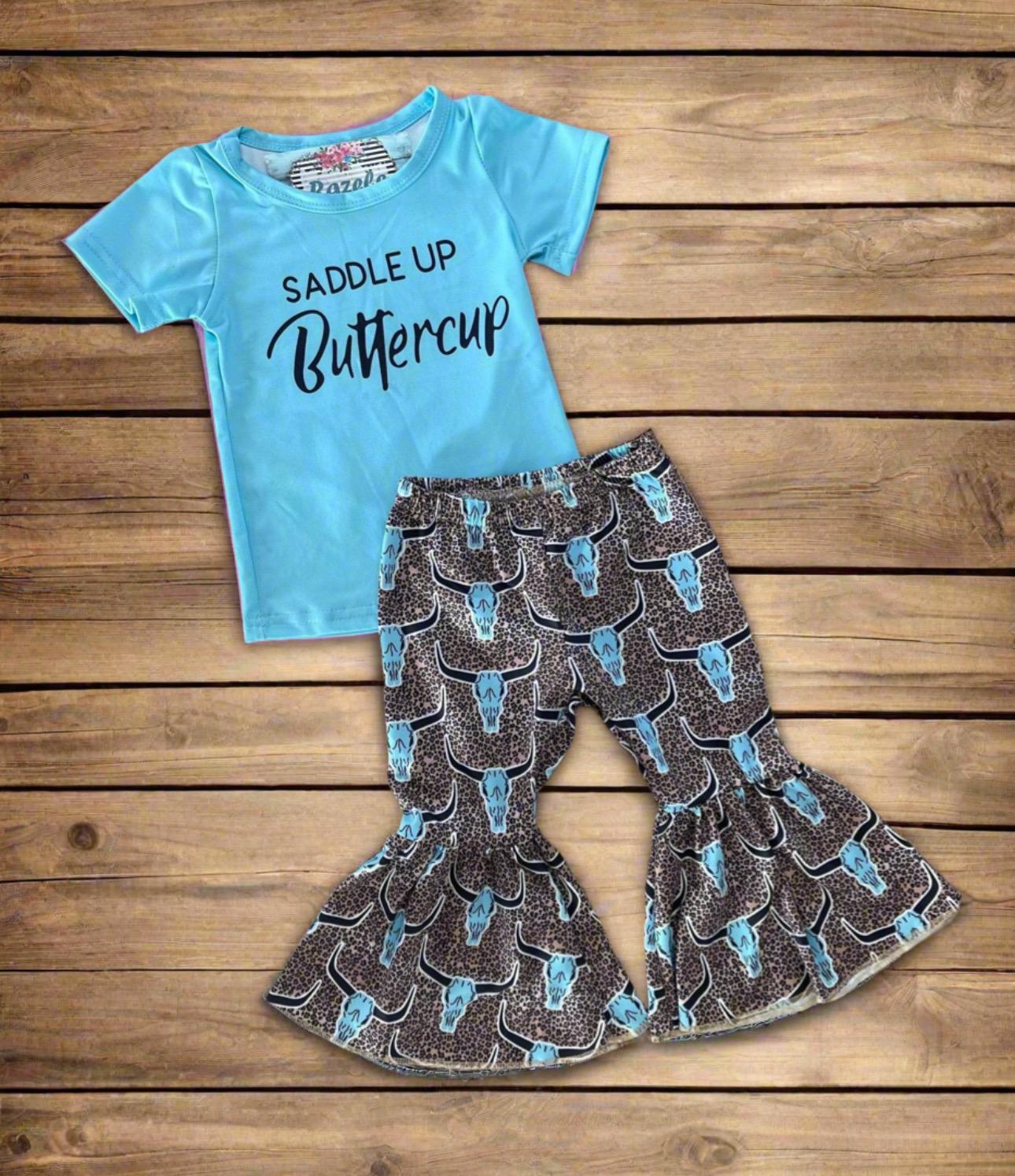 Saddle Up Buttercup Bell Bottom Outfit Sizes: 8/9, 10/12, 14/16, Cowgirl Bell Bottom, Turquoise T-Shirt &; Cow Skull Cheetah Print Flares,