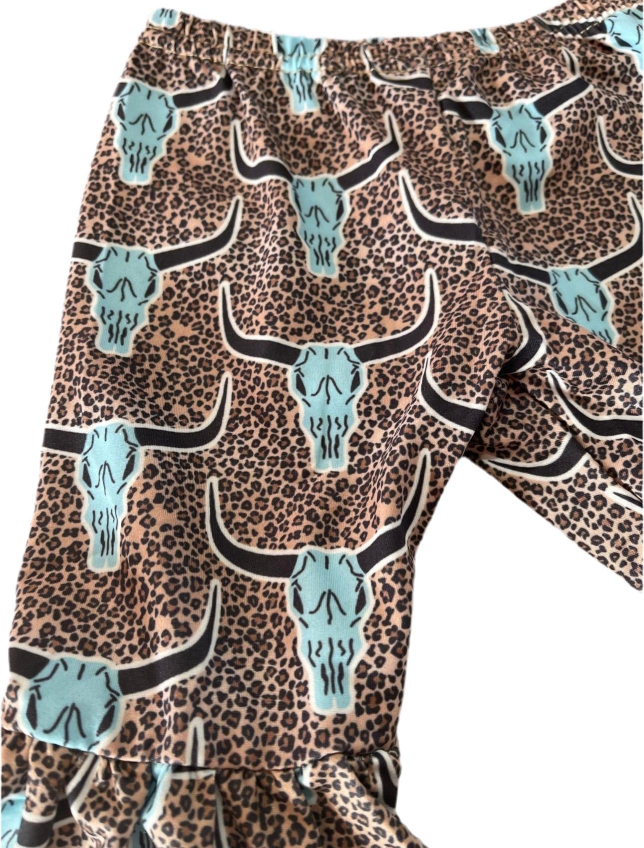 Saddle Up Buttercup Bell Bottom Outfit Sizes: 8/9, 10/12, 14/16, Cowgirl Bell Bottom, Turquoise T-Shirt &; Cow Skull Cheetah Print Flares,