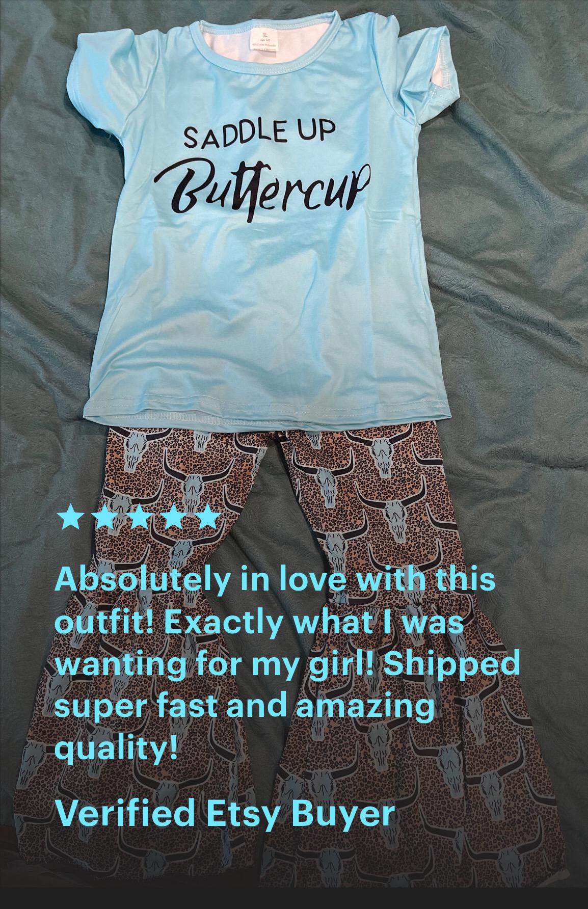 Saddle Up Buttercup Bell Bottom Outfit Sizes: 8/9, 10/12, 14/16, Cowgirl Bell Bottom, Turquoise T-Shirt &; Cow Skull Cheetah Print Flares,