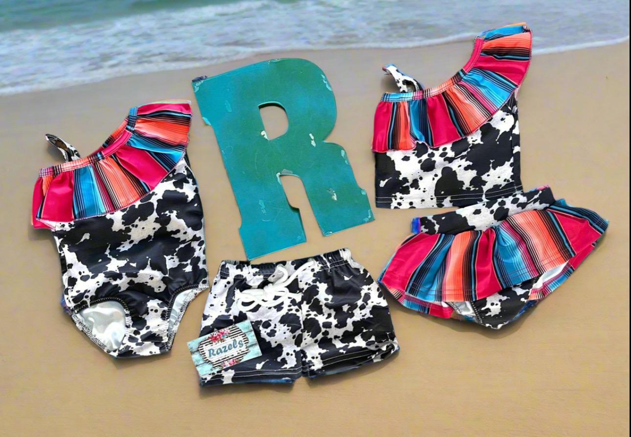 kids Serape and Cow Print Swimsuit, Mexican Swimsuits