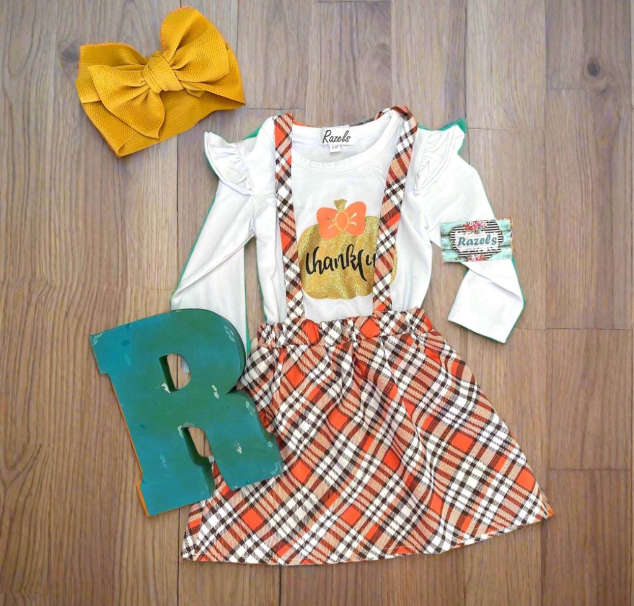 Toddler Girl Thanksgiving Outfit ā Thankful Pumpkin Shirt & Fall Plaid Skirt | Cute Thanksgiving Clothing