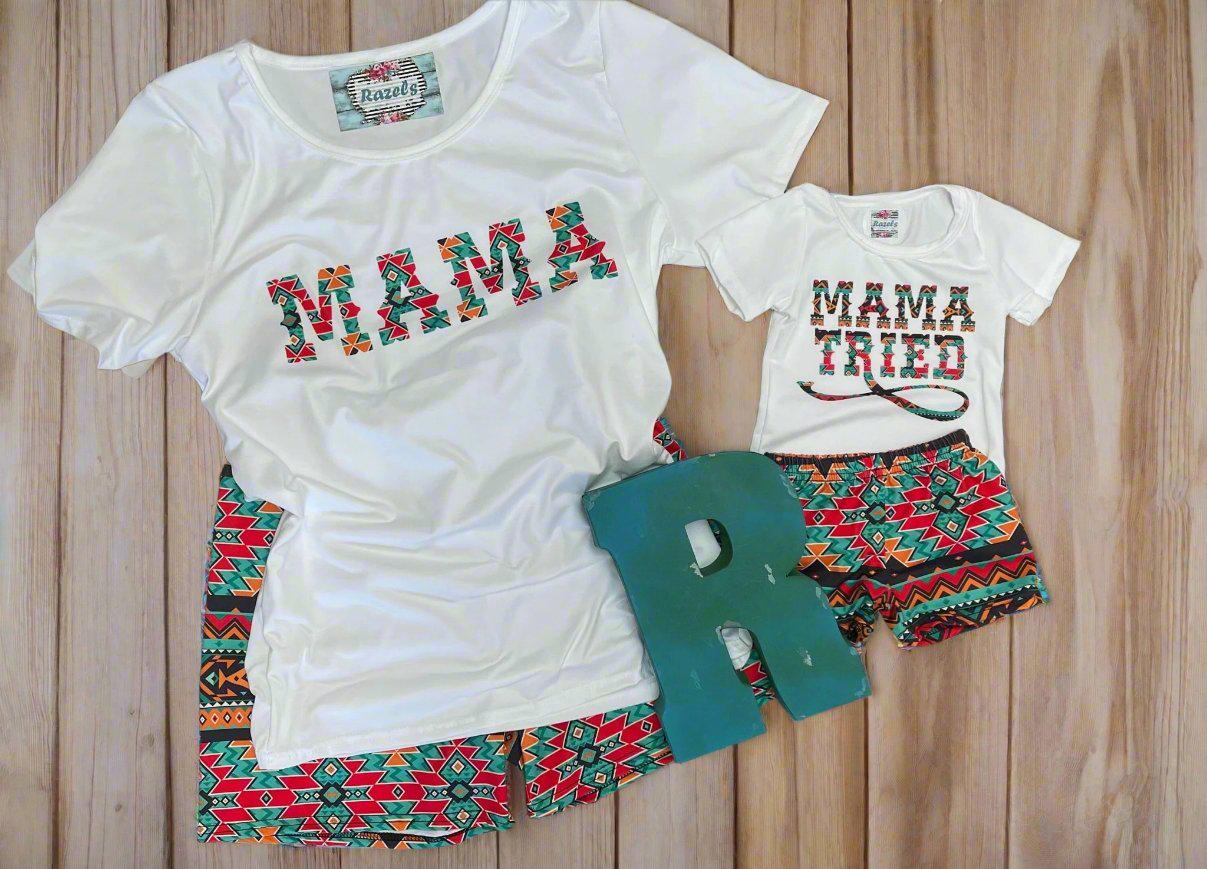 COWGIRL MAMA Short Set – Western Mama Loungewear with Aztec Biker Shorts and MAMA T-ShirT