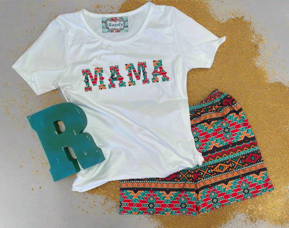 COWGIRL MAMA Short Set – Western Mama Loungewear with Aztec Biker Shorts and MAMA T-ShirT
