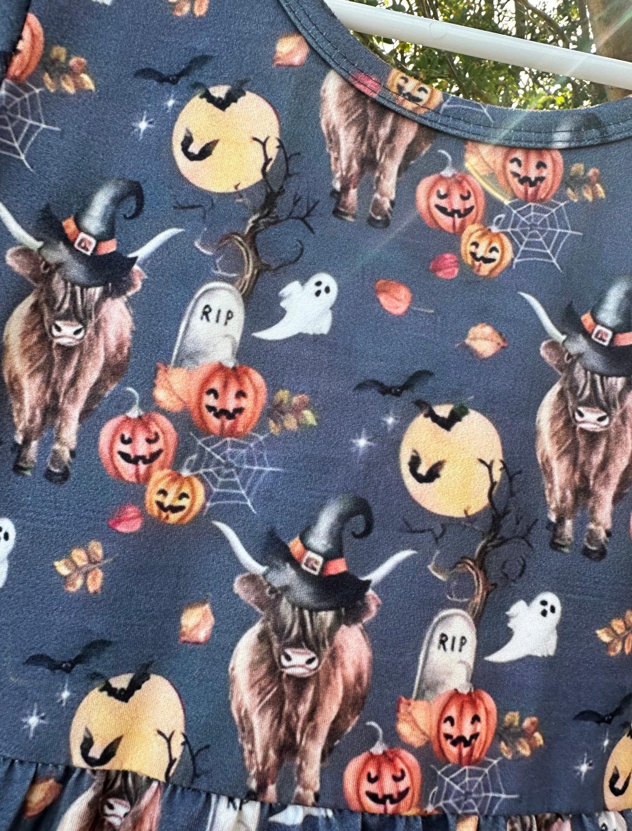 Highland Cow Halloween Dress – Western Pumpkin Cow Dress for Girls | Scottish Highlander Style Fall Dress