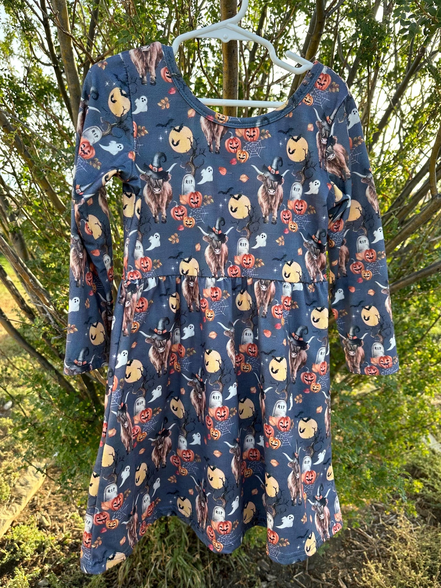 Highland Cow Halloween Dress – Western Pumpkin Cow Dress for Girls | Scottish Highlander Style Fall Dress