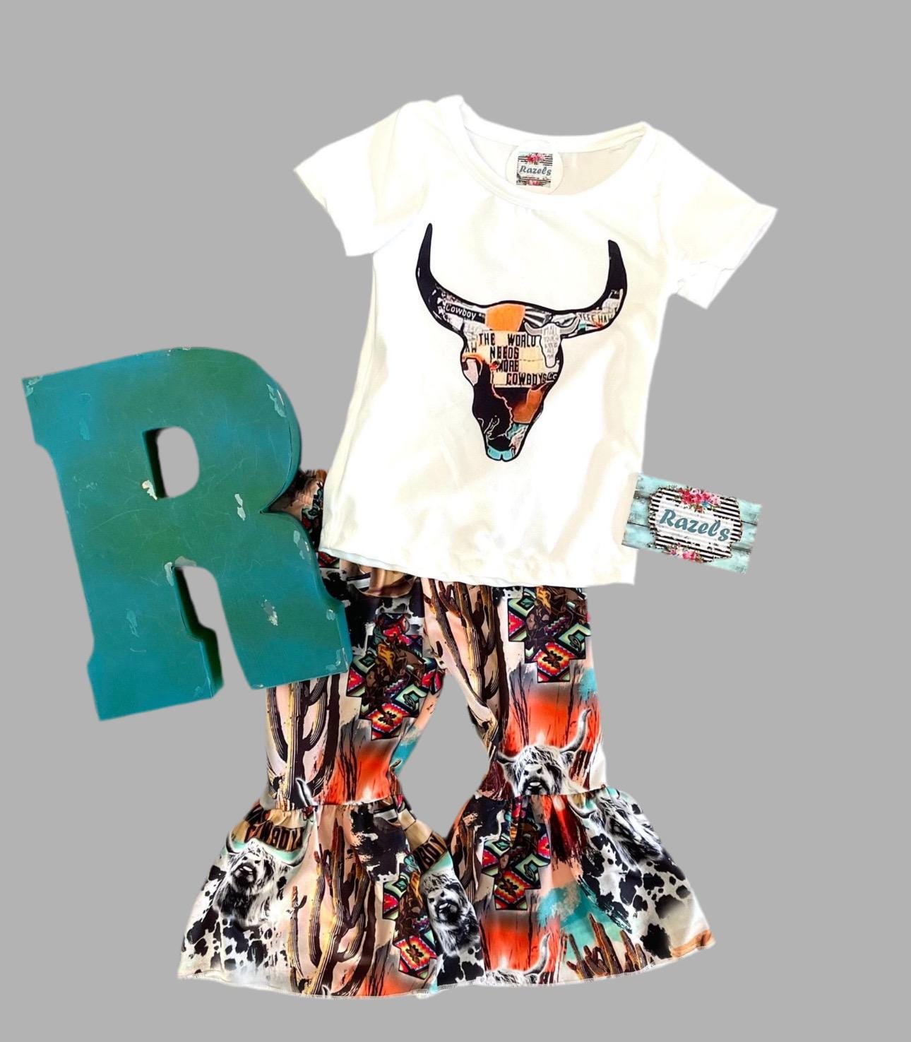 World Needs More Cowboys Outfit, Cowgirl Bell Bottom Pants and Steer Skull Shirt
