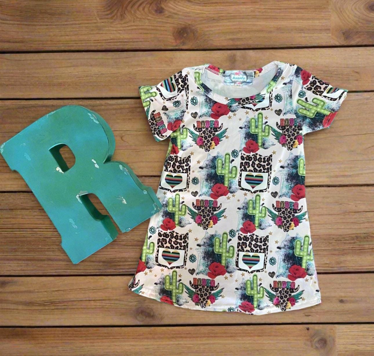 Cowgirl Dress for Kids Toddler & Baby - Rodeo T-Shirt Dress with Cheetah Skull, Cactus and Back Number Design